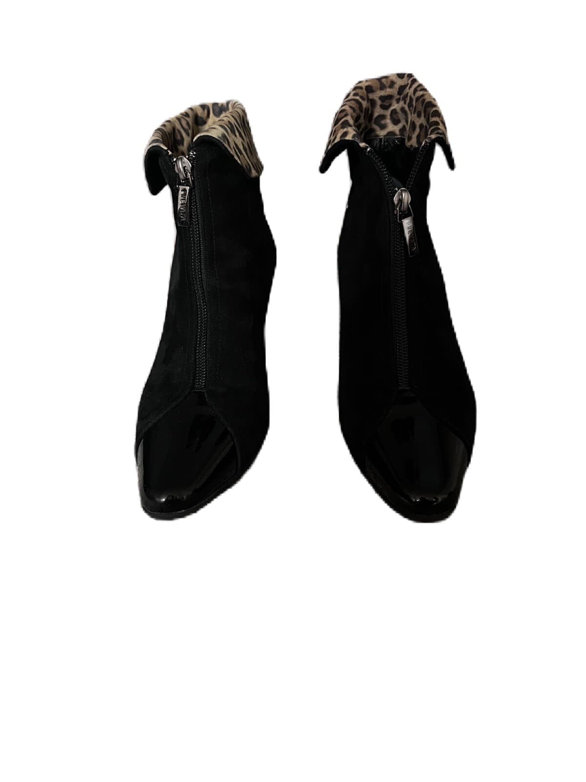Prevata Ankle Booties Zip Up S8 Black Leopard Top Low Heel Pointy Retro 80 Boho
