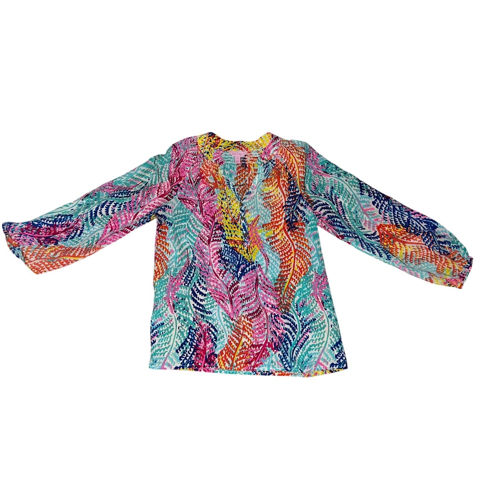 Lilly Pulitzer 100% Silk Multicolor Leaf Print Tunic Top dopamine Sz xs