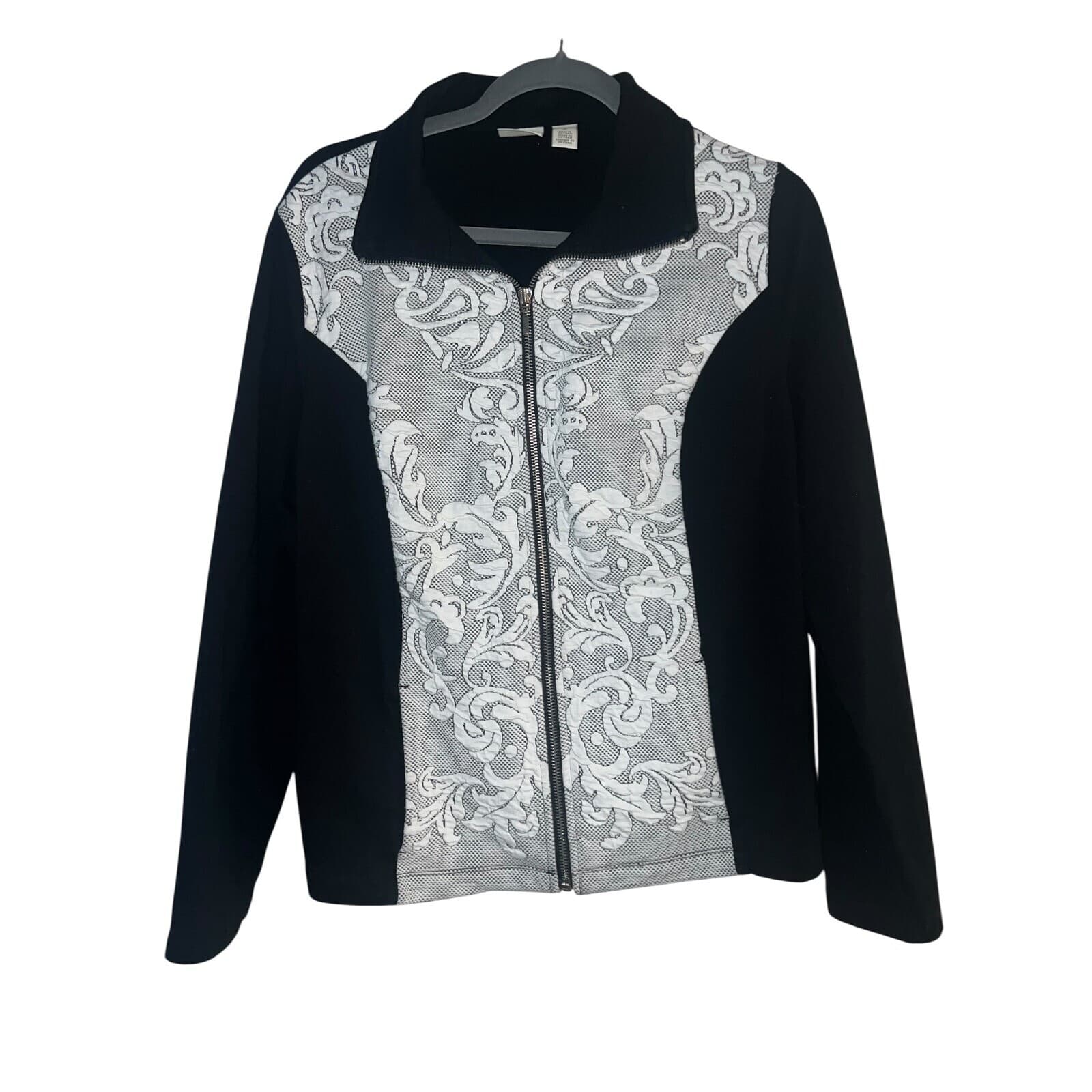 Chicos Sweater Womens 2Black White Floral Zip