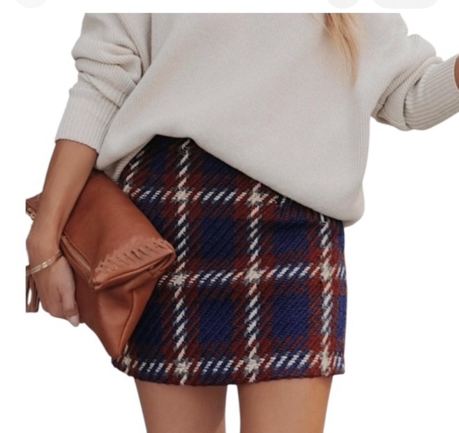 English Factory Plaid Tweed Mini Skirt Sz M Navy Burgundy Brown Preppy Boho