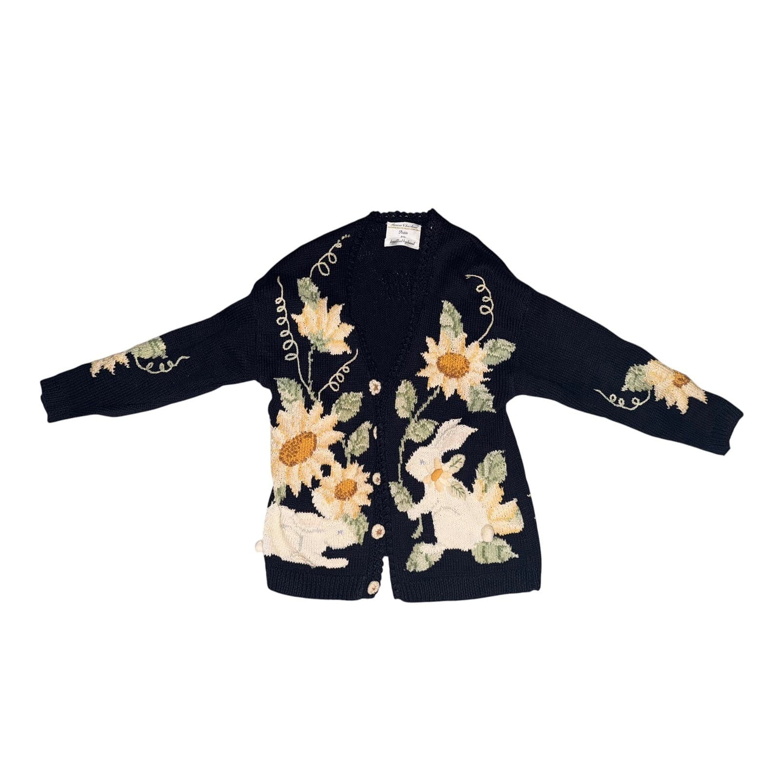 Rare Vintage 80s 90s Knit Cardigan Floral Embroidery Rabbit Design Cottagecore