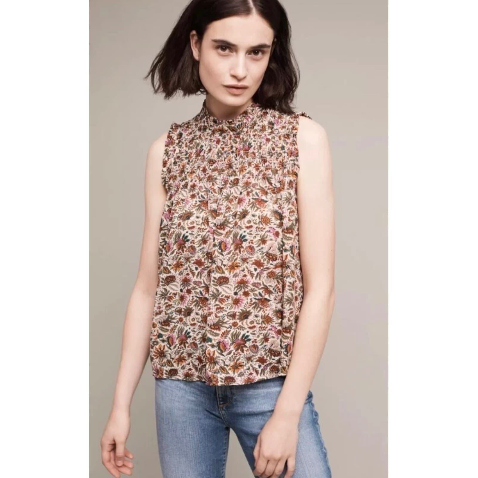 Maeve Darby Smocked JacobeanFloral Top sz 10 Neutral cottagecore boho
