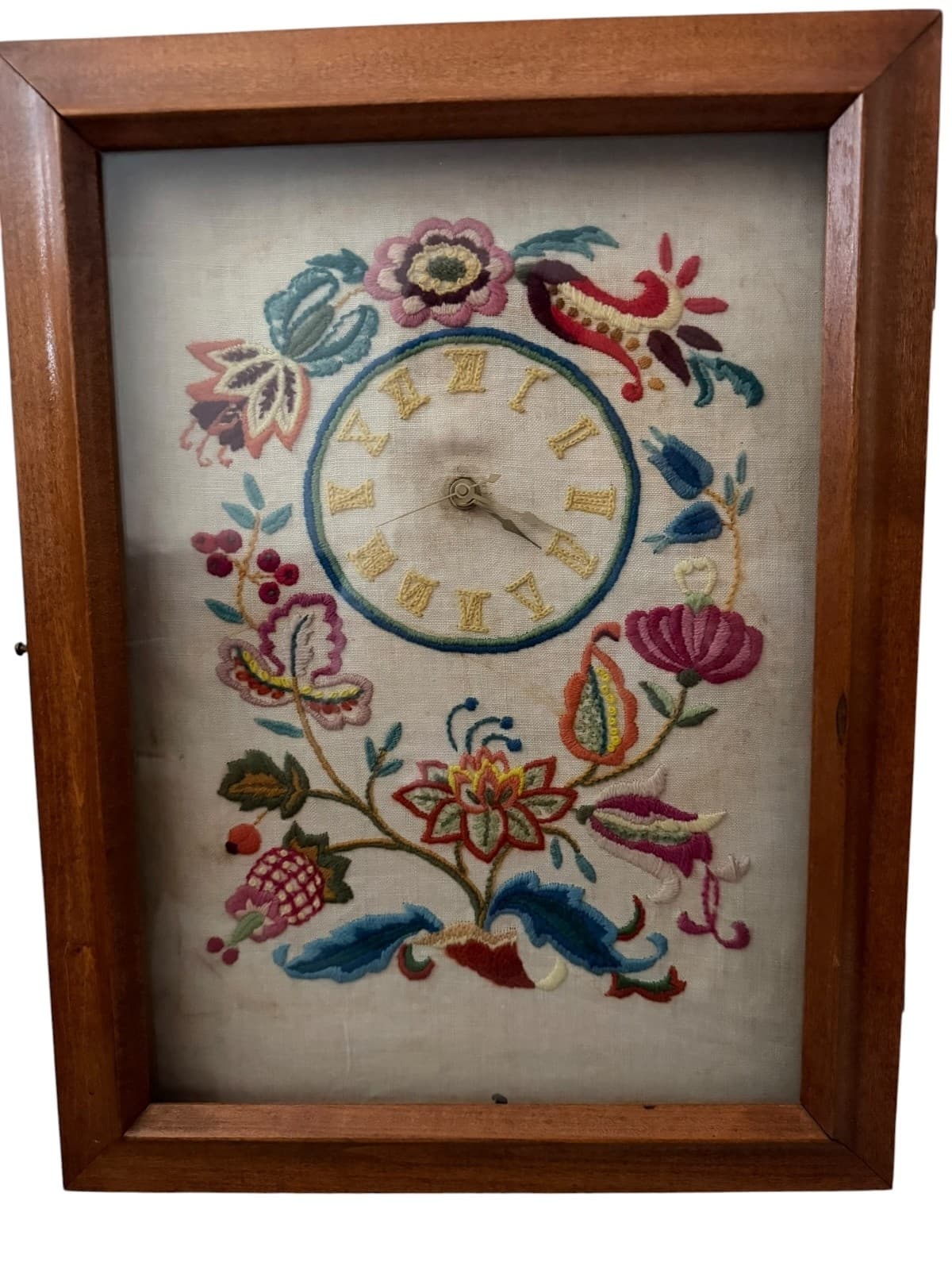 Vintage Folk Art Embroidered Wall Clock