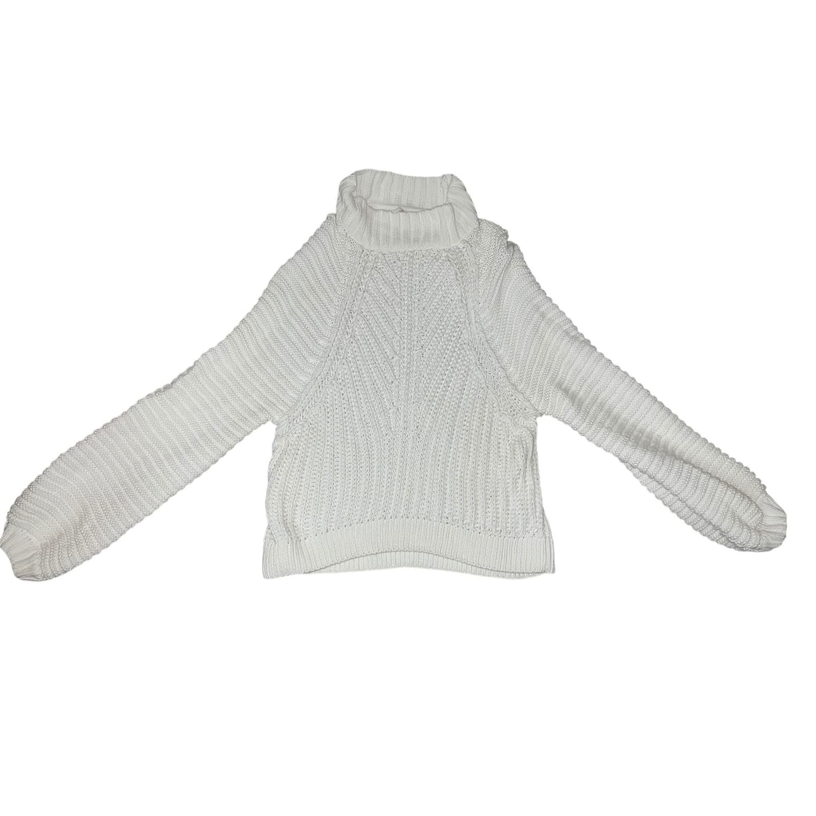 Free People Mock Neck Knit Crop eggshell Sz L | Boho Oversized Balloon Sleeve