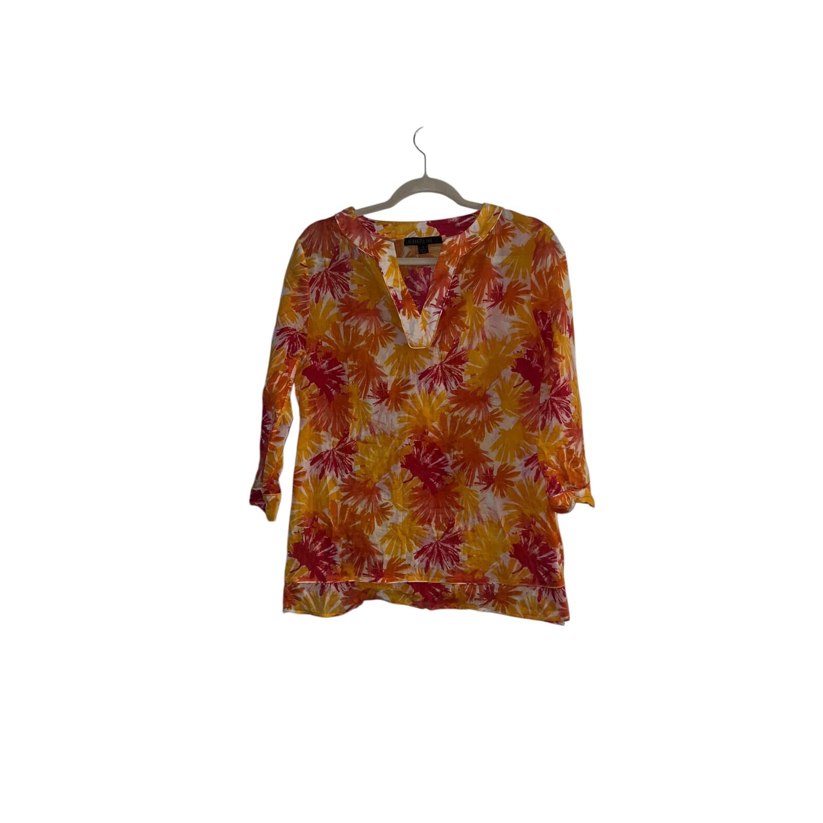 Lafayette 148 bright plunge blouse boho Batik summer sheer size