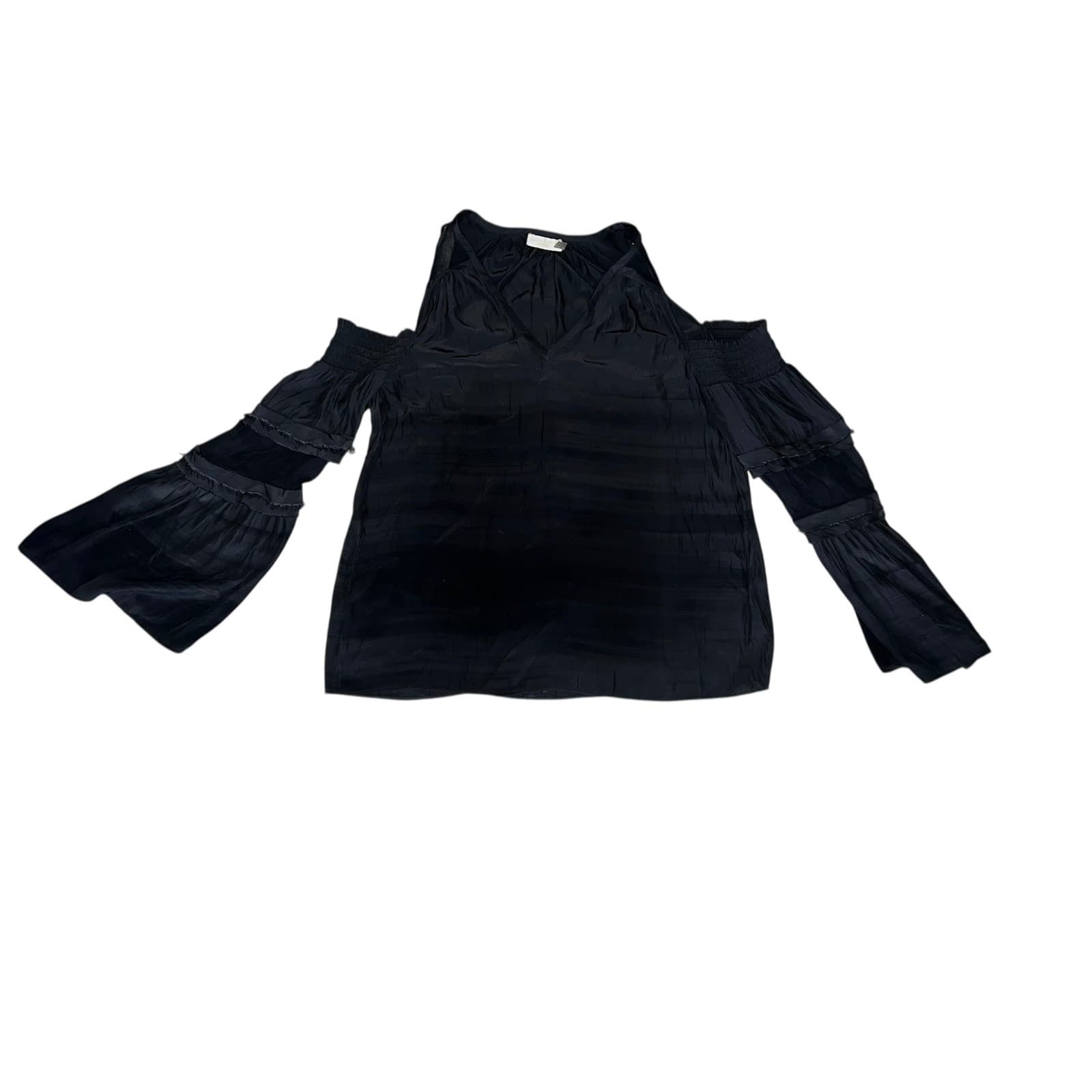 Ramy Brook NY Black Silk v neck Open Shoulder Sz M Luxury Flare Sleeve Statement