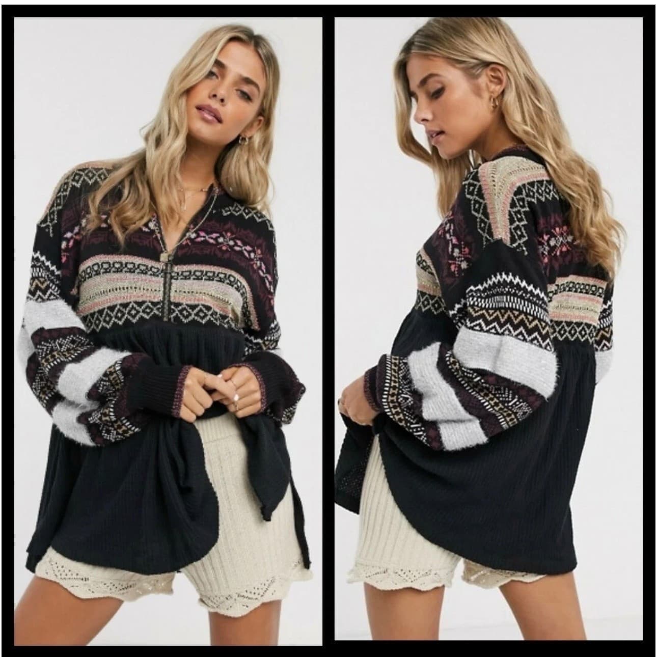Free People Cozy Cottage Half Zip Sweater Black Sz L | Boho Balloon Sleeve Knit