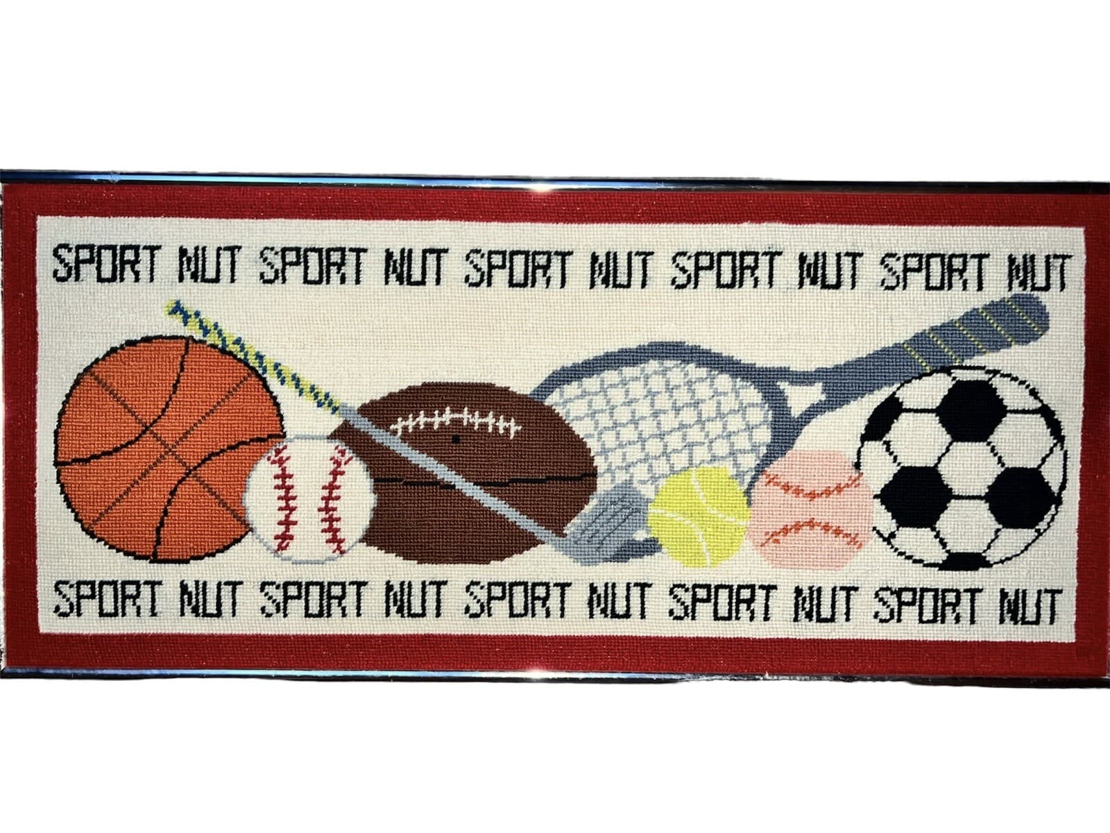 Vintage Rare Boho Needlepoint Canvas Framed Sports LARGE 23•5 × 8.75