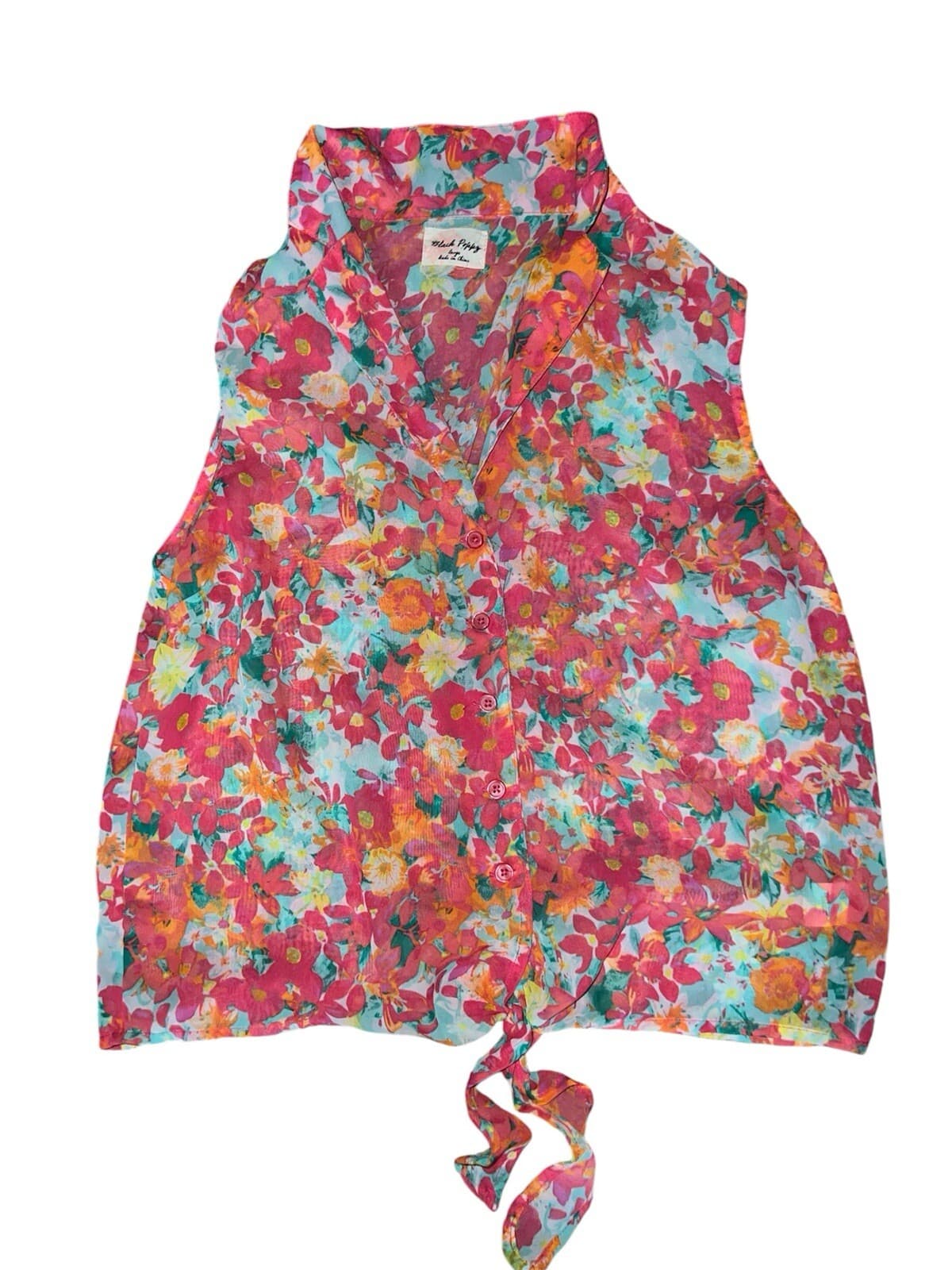 Black Poppy sleeveless Collar, floral Sz L Cottage Core Boho Coastal