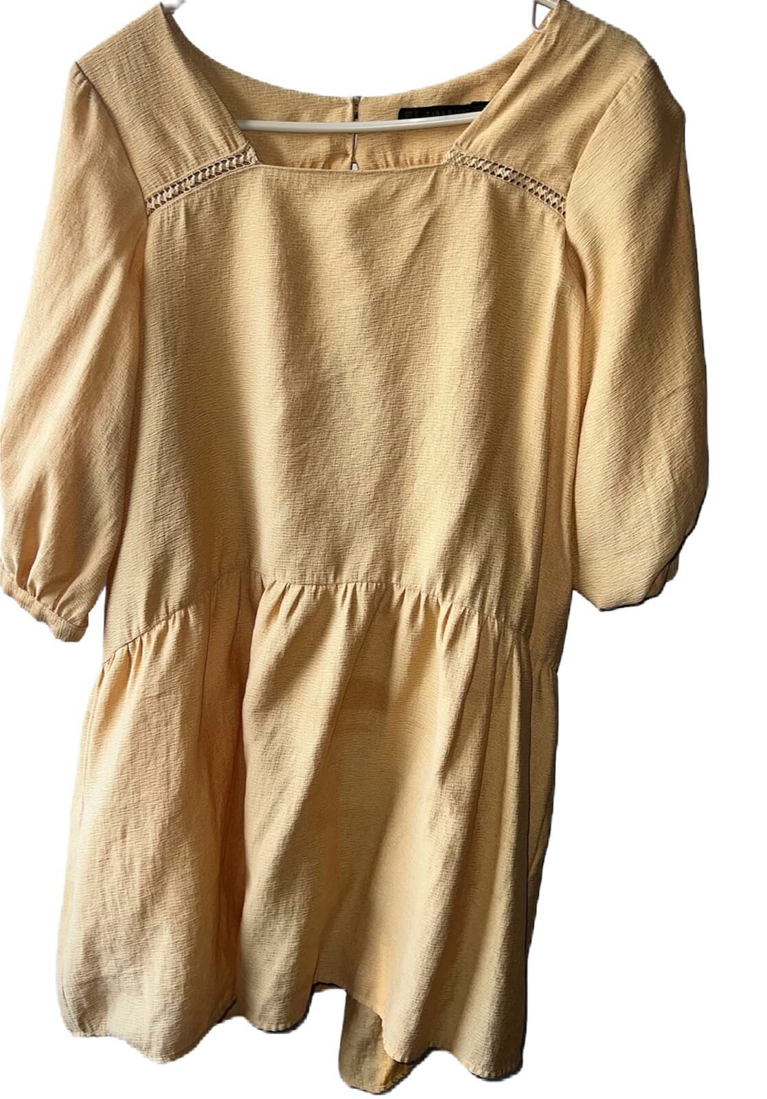 ZARA Baby Doll Dress Mustard color Boho Sz S Square Neck Half Sleeves Cottage
