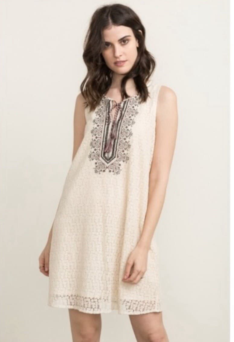 MYSTREE Embroidered Dress Boho Hippie Size S Sleeveless Bohemian Round Neck