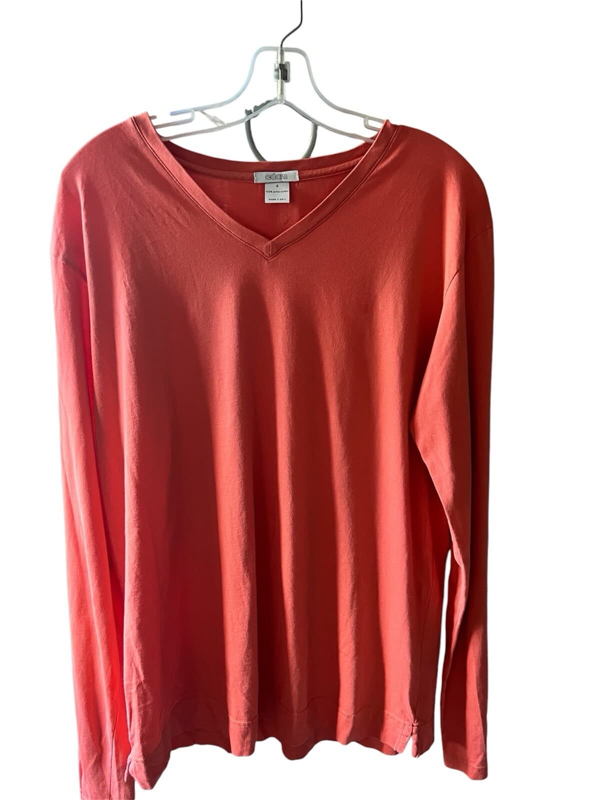 Adam Size 4 Coral 100% high Cotton Pima V- Neck Long Sleeves Casual Preppy