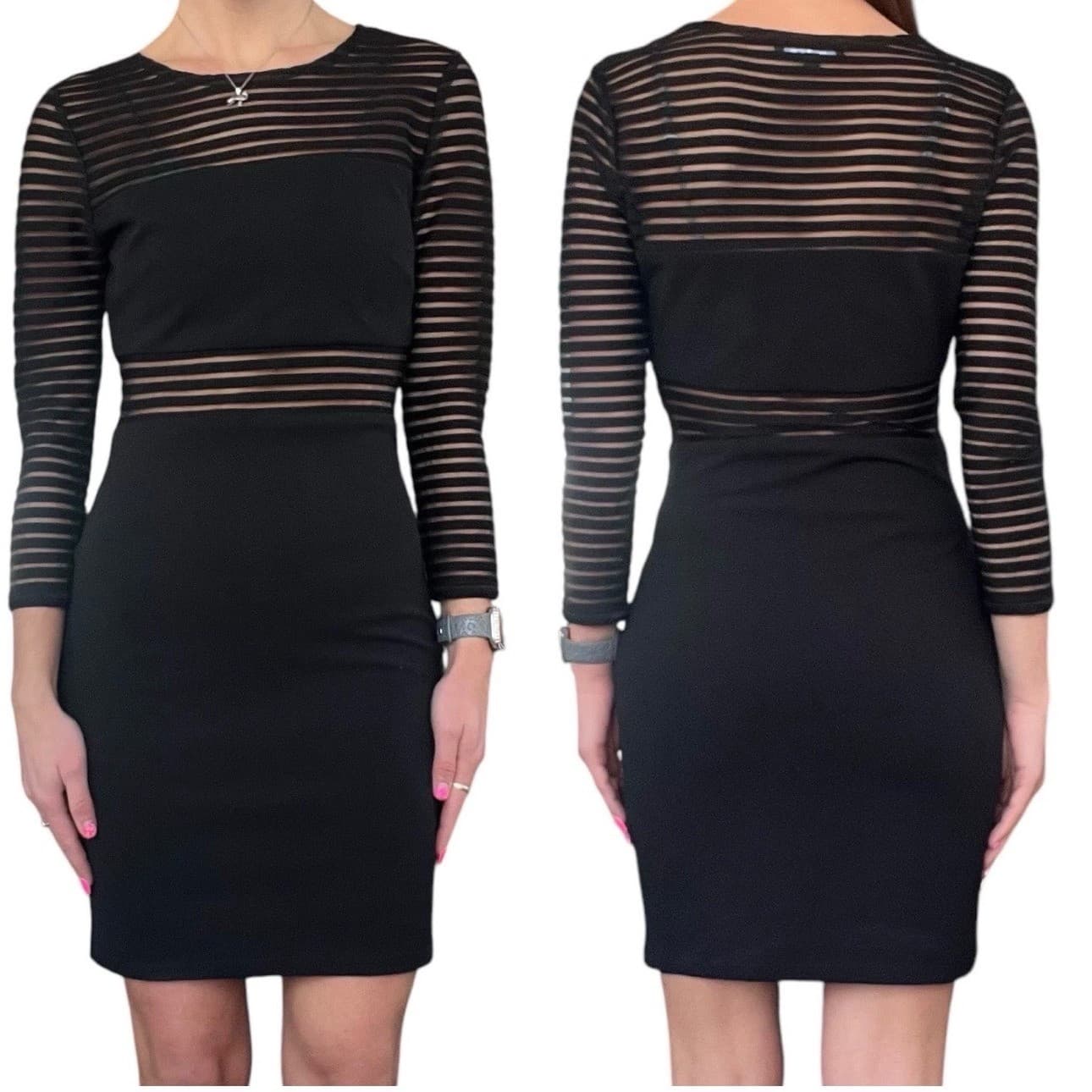 Black Mesh Sleeve Ponte Knit Bodycon Dress Sz S 3/4 Sleeve Minimalist Y2K Chic