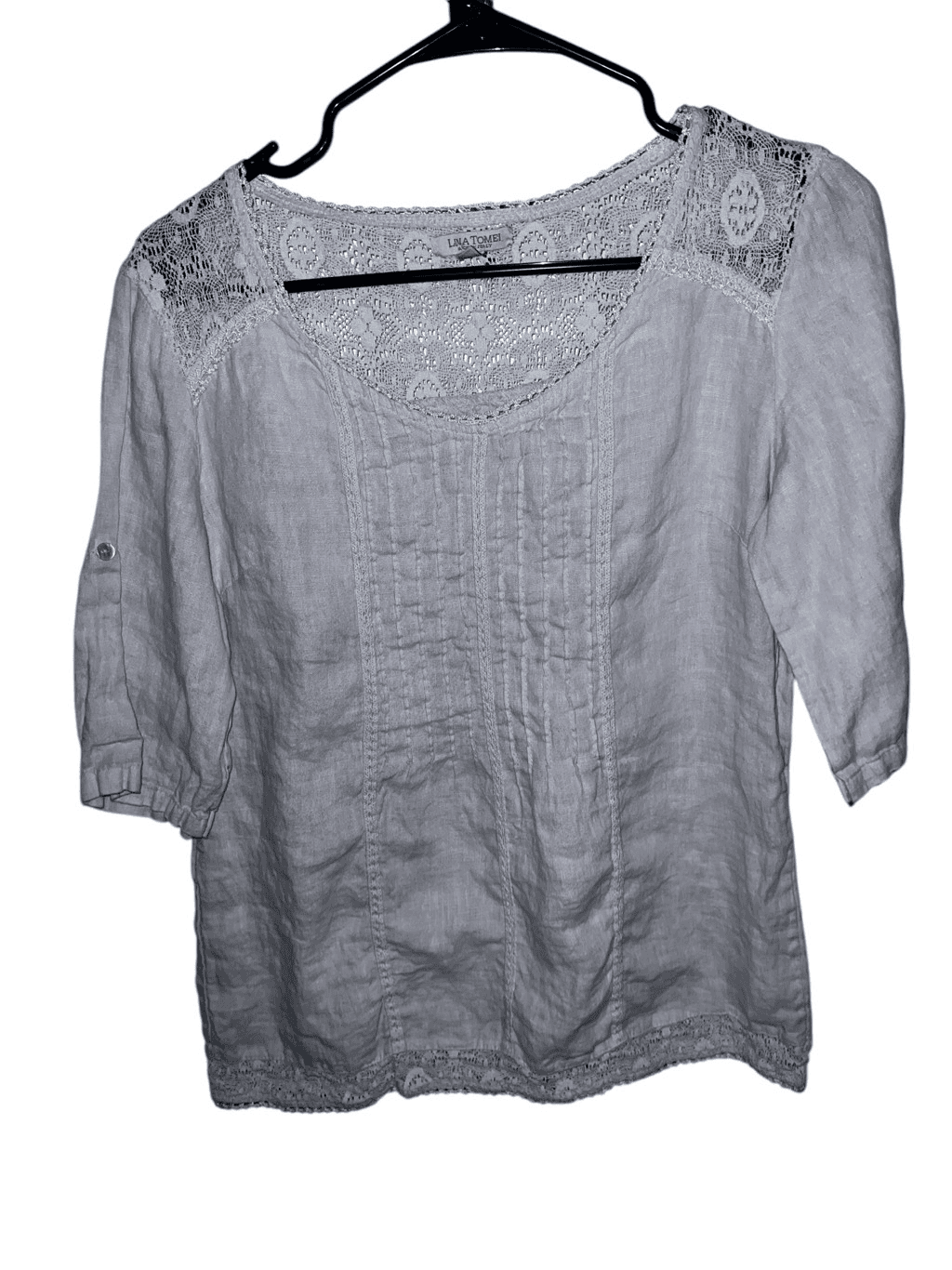 Lina Tomei Blouse tan made in Italy S Short Sleeves Round Neck Coastal Boho