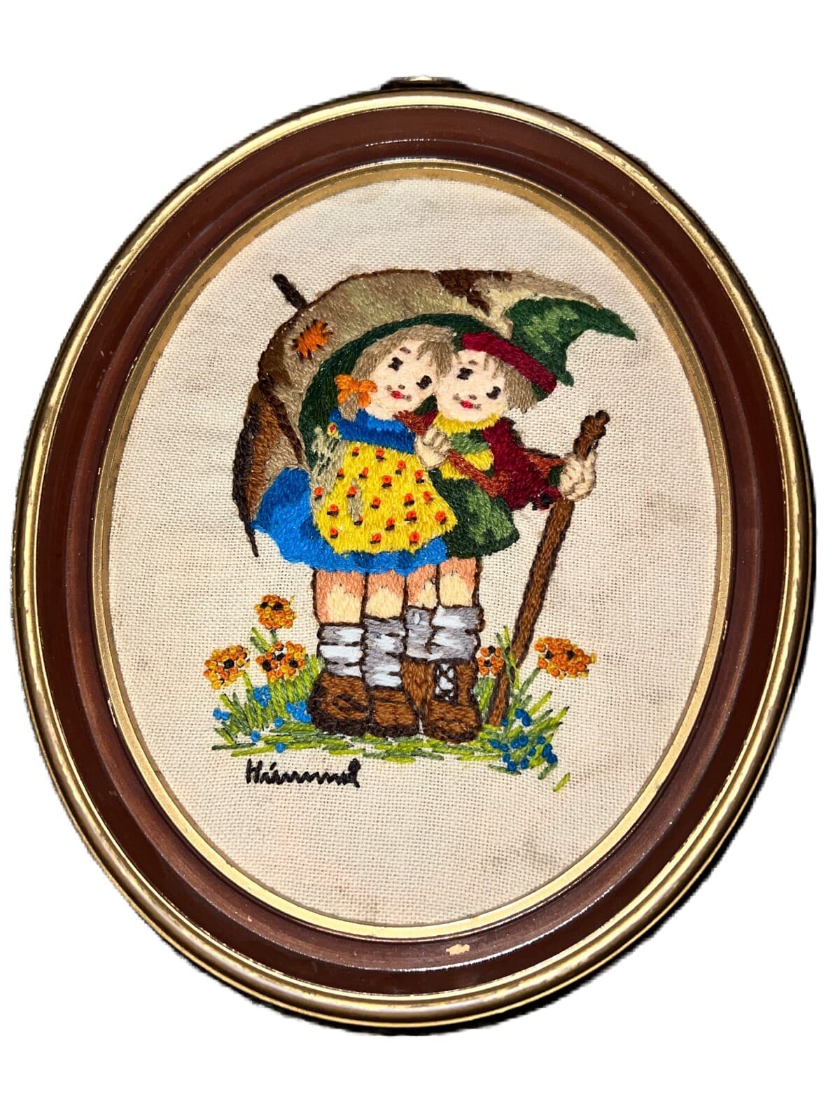 Needlepoint Vintage Hummel Handmade Oval Glass Framed Boy & Girl Under Umbrella