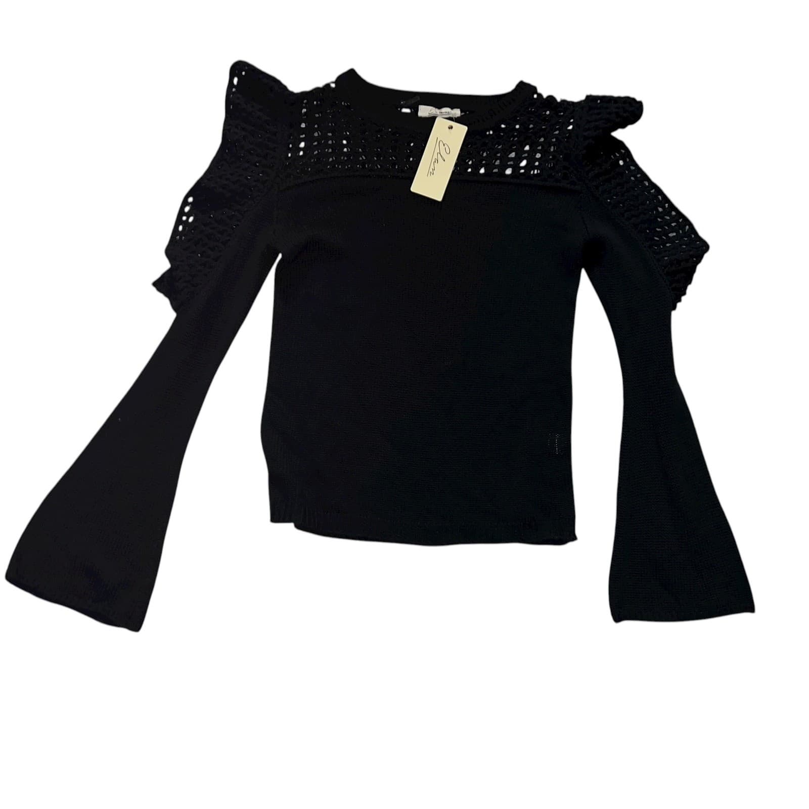 Elan Black Sweater Crochet Sleeve Sz M NWT | Minimalist Boho Chic Knit Top