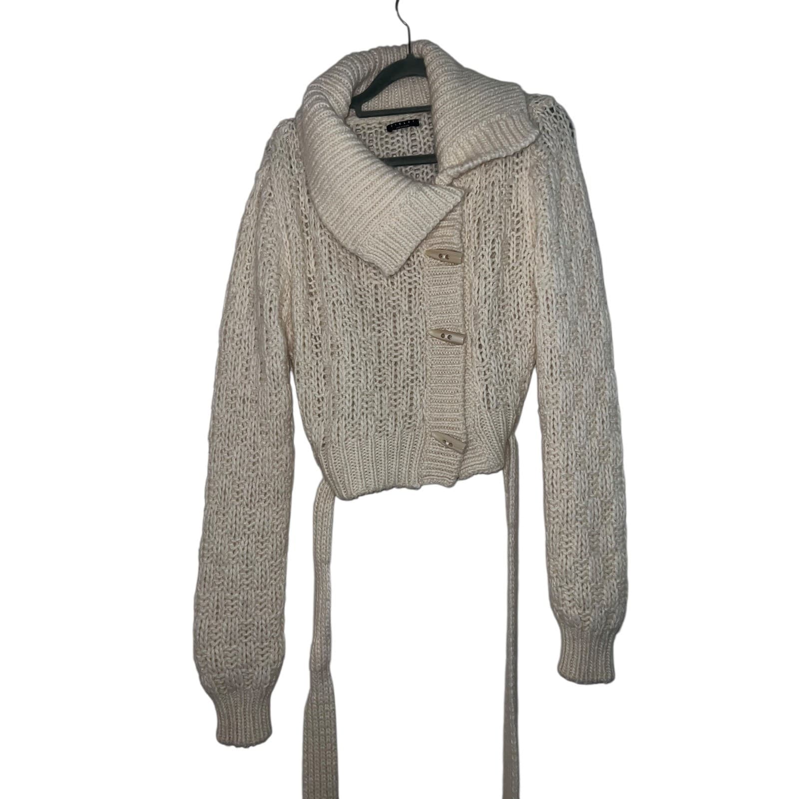 Sisley Belted Cardigan Wool Alpaca Blend Sz M | Ivory Button Preppy Boho Knit
