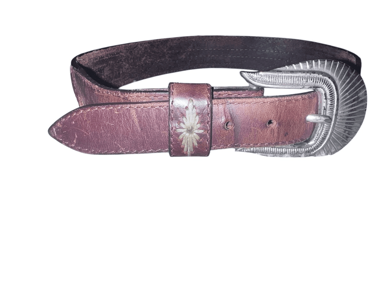 Vintage 90s Leegin Western Brown Leather Belt Beaded Silver Buckle Men 32 Native