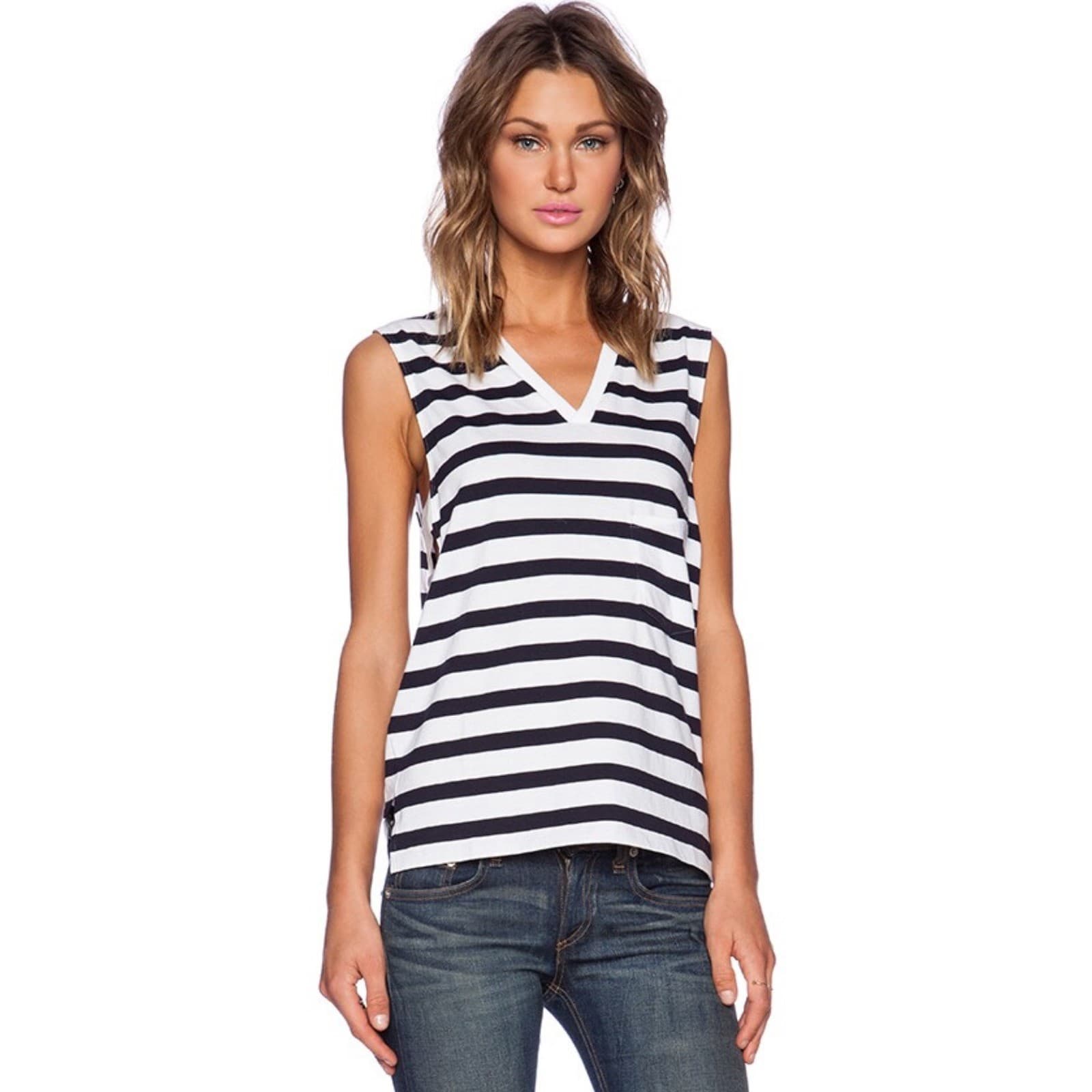 Theory Black & White Striped Top Sz S | Sleeveless V-Neck Preppy Luxury Blouse