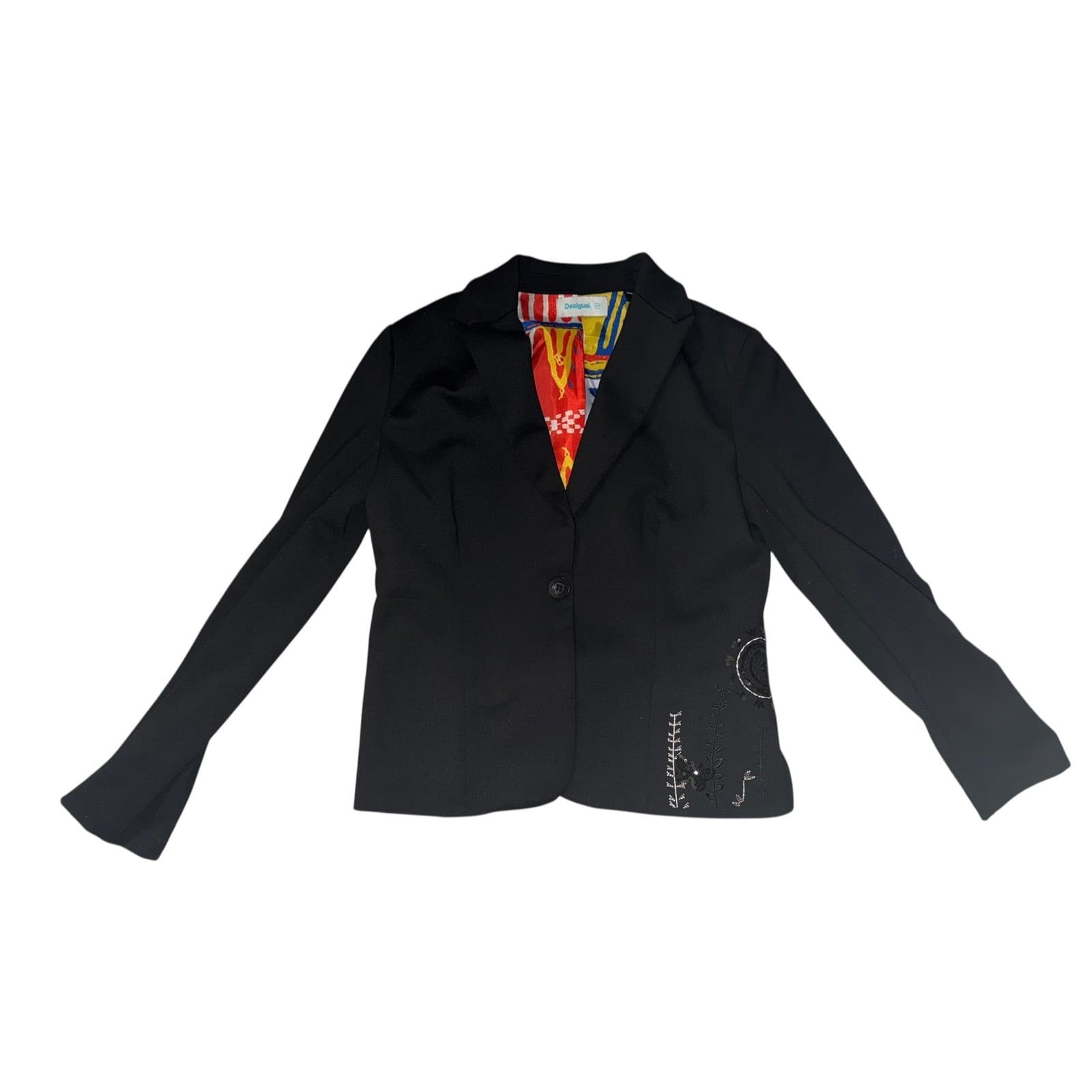 Desigual Black Embroidered Blazer Sz 40 One Button Minimalist Office Jacket