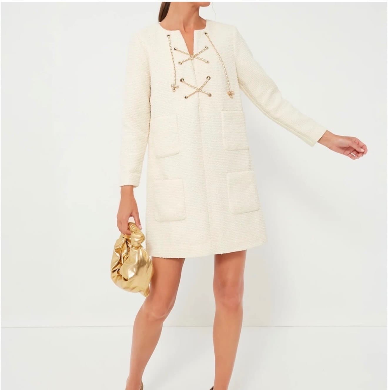 Tuckernuck Blanc Ivory Tweed Tie Mini Dress Sz M Luxury Chic