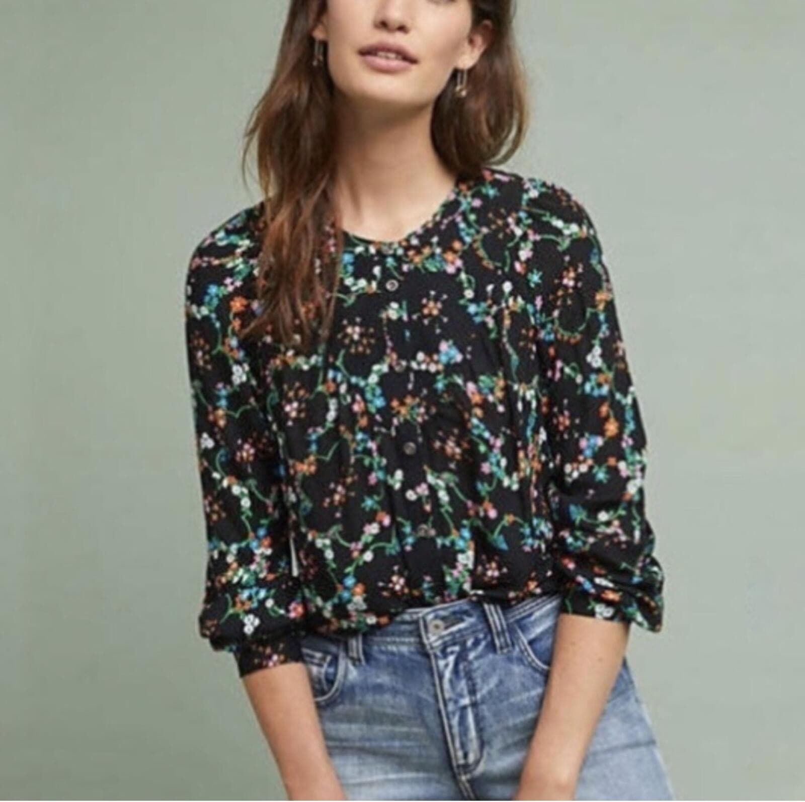 Maeve Black Floral Button Down Blouse Sz S Cottagecore Boho Anthropologie