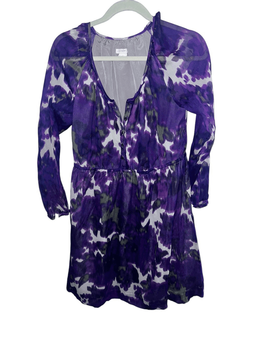 J Crew Women's Purple Floral Silk Dress Size 0 Long Sleeve A-Line