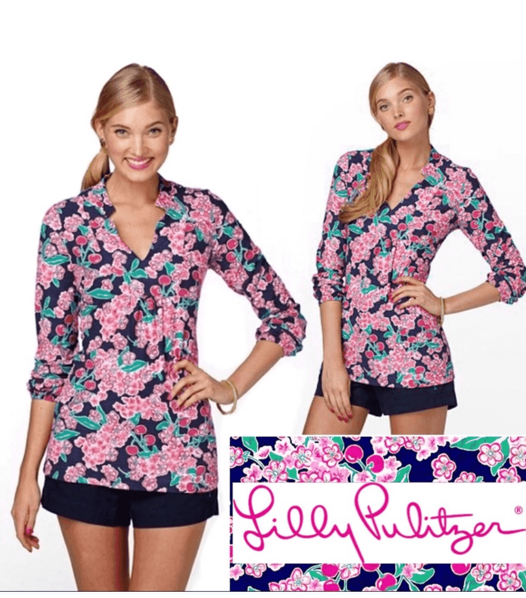 Lilly Pulitzer Cherry Picker Top Navy Pink xs Dopamine Boho V Neck Long Sleeve