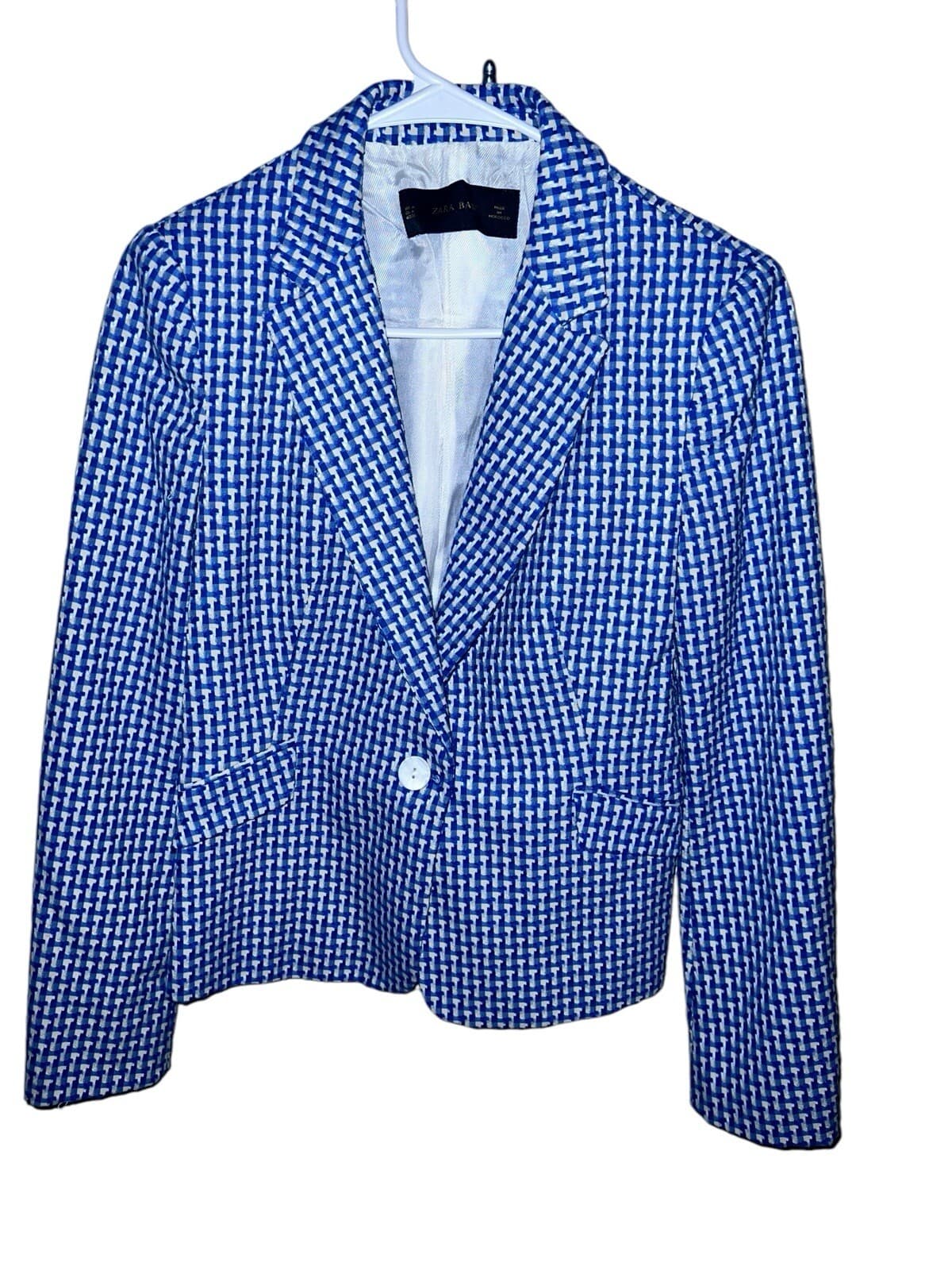 Zara Basic Blue one button c Blazer Sz M Herringbone Office Siren Secretary
