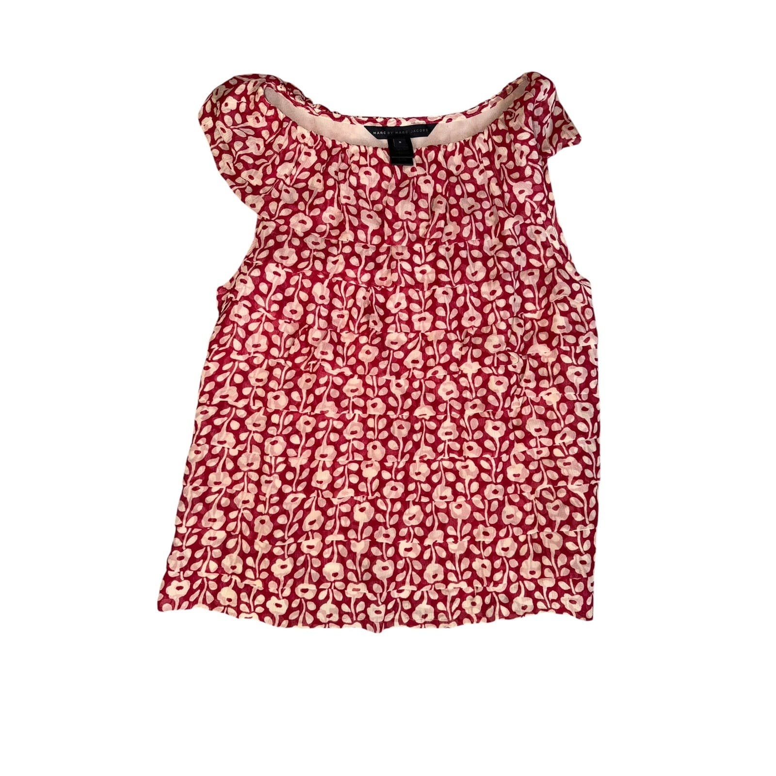 Marc by Marc Jacobs Red Silk Ruffle Top Sz S Boat Neck Cap Sleeve Designer