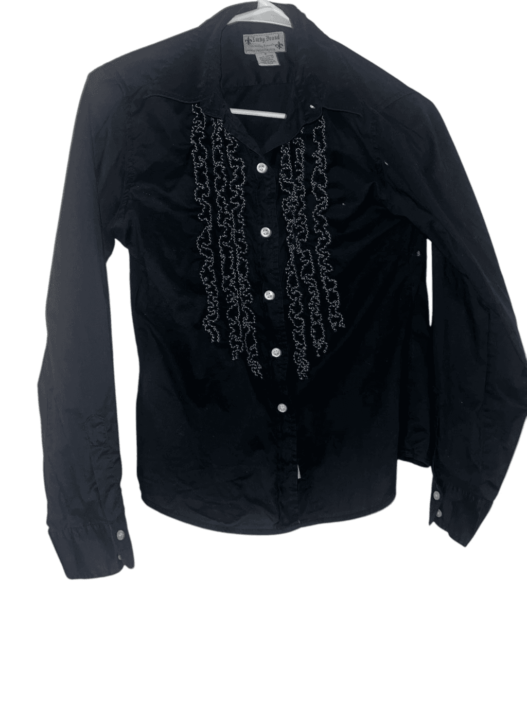 LUCKY BRAND BLACK RUFFLED BUTTON DOWN Sz S Collar Preppy Long Sleeves Minimalist