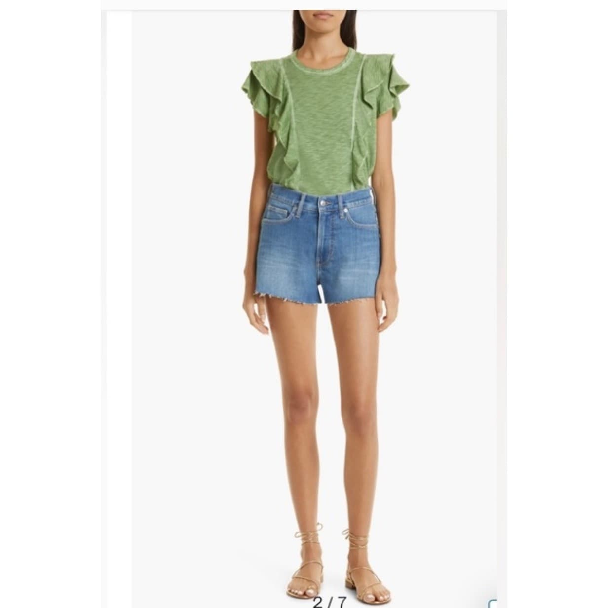 Veronica Beard Bea Space Dye Ruffle Tee Green Cotton Size XS | Coastal Designer
