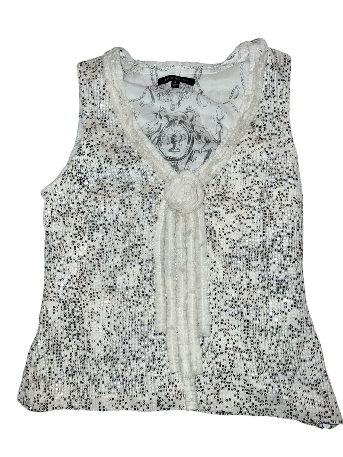 David Meister Silk V-Neck Top Sz 4 Sleeveless Boho Festival Bohemian Summer