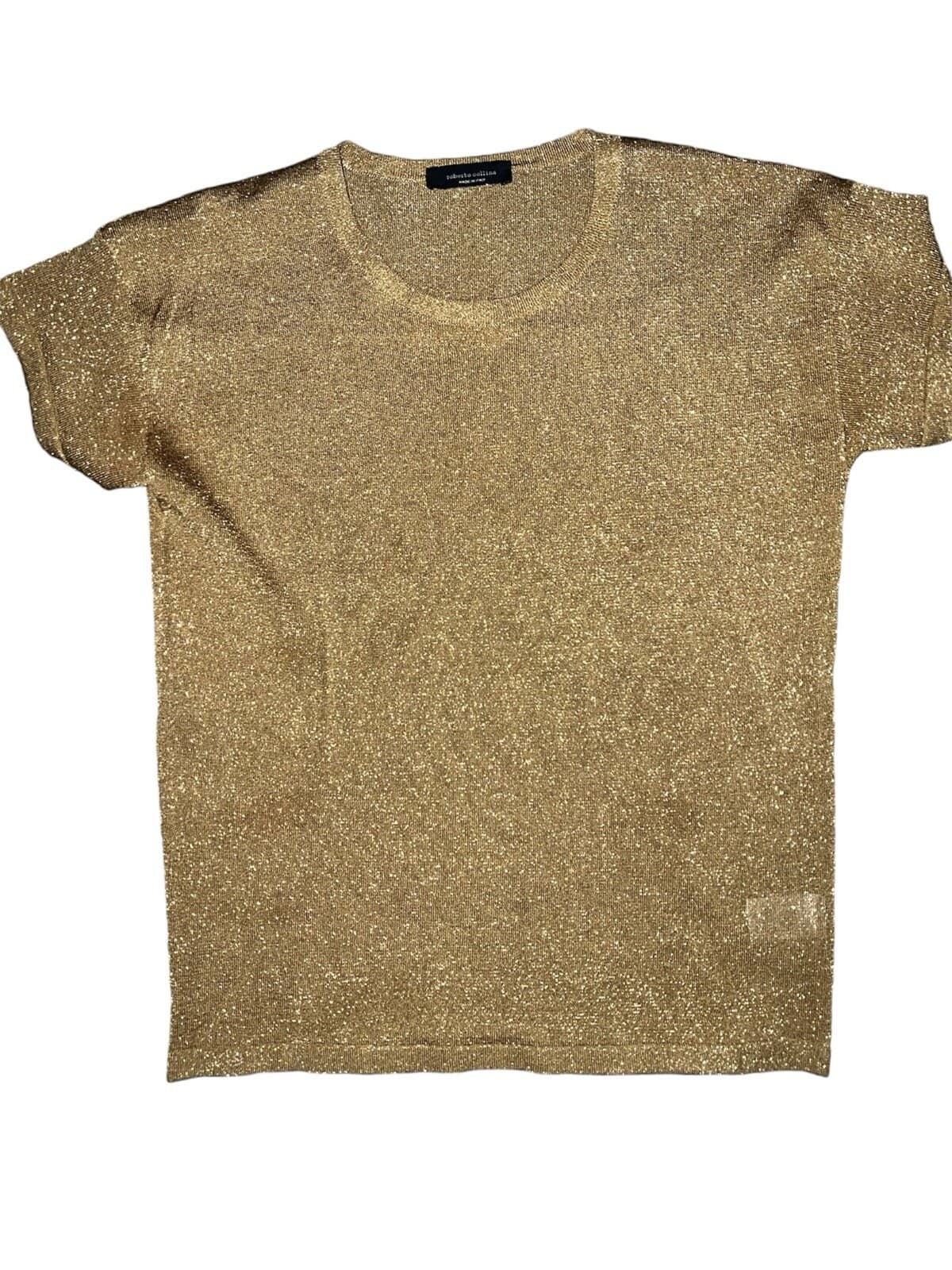 ROBERTO COLINA Rare Gold Mesh Top Sz S bohemian Short sleeves Crew Neck