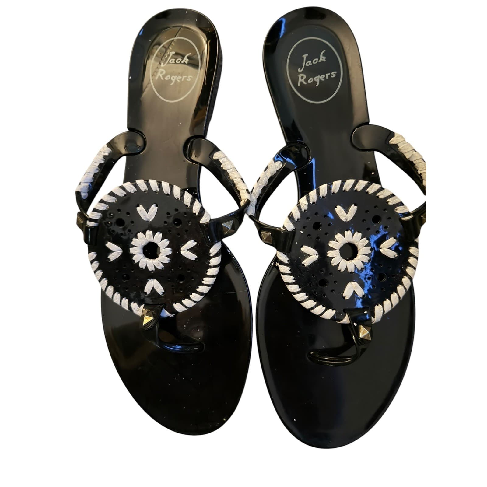 Jack Rogers Jelly Sandals Sz 9 Black White Tropical Boho Comfy Stylish