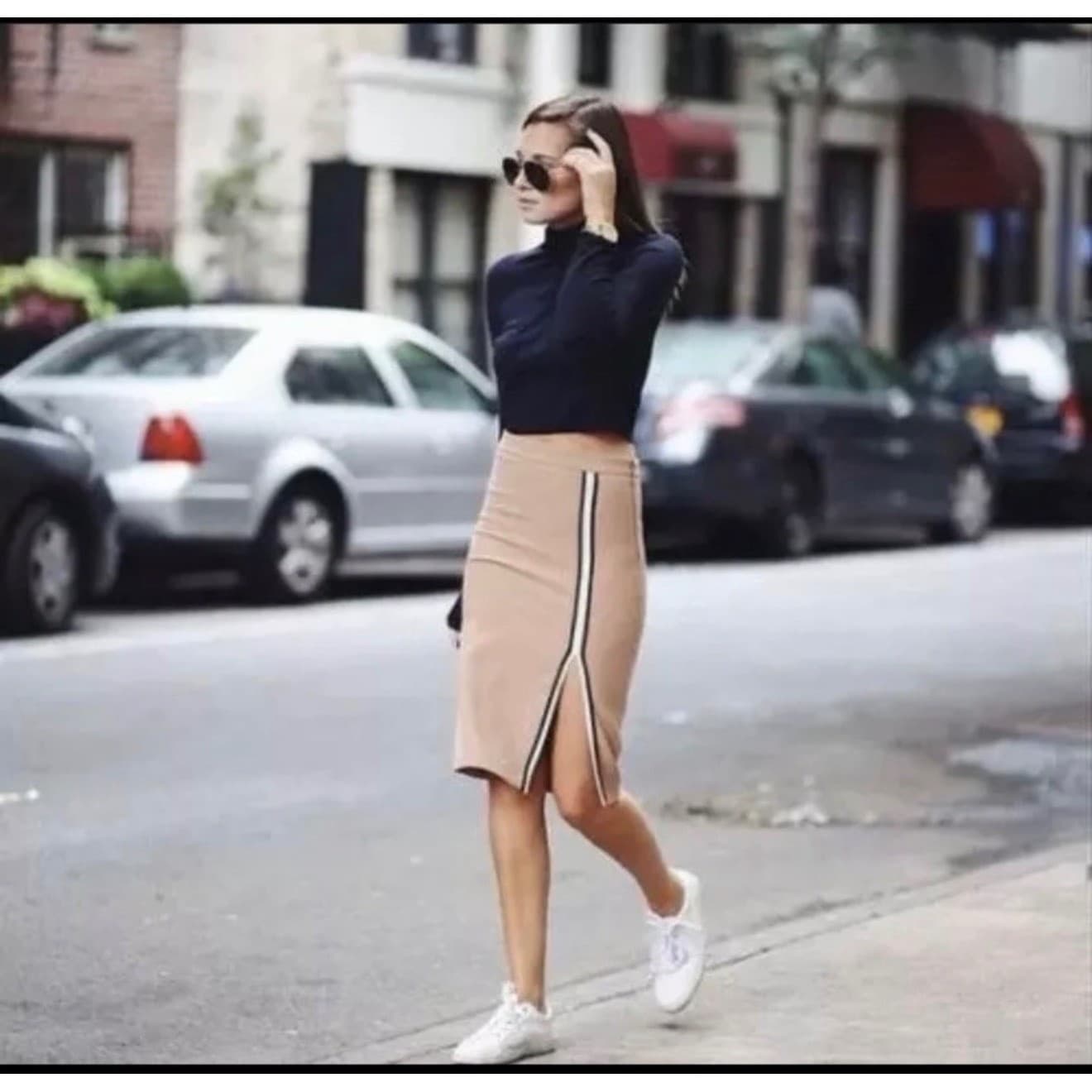 ZARA Cotton Midi Skirt Side Split Piping Zipper Office Siren Boho Chic