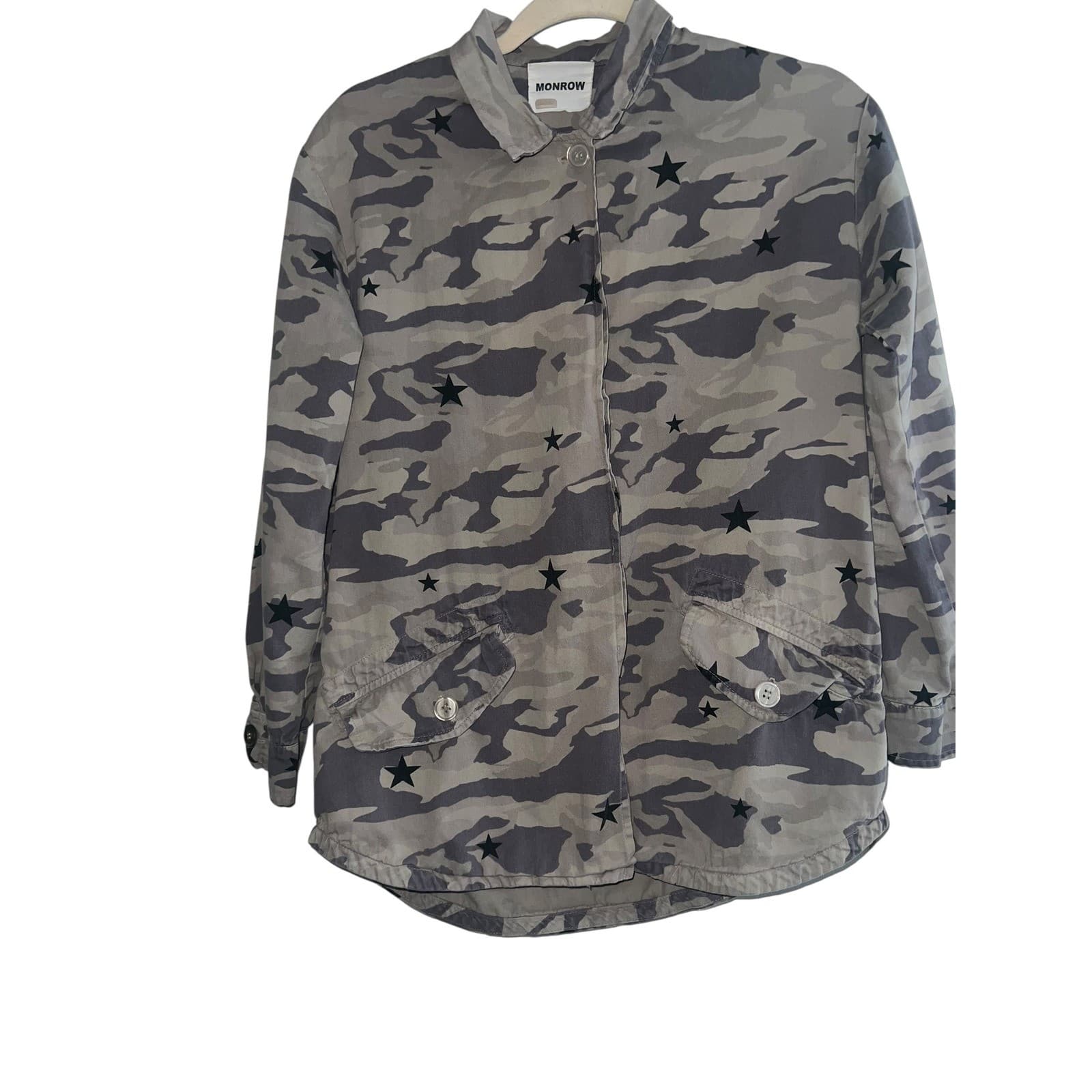Monrow Vintage Shirt Jacket Green Gray Camo Stars Sz XS Utility Boho