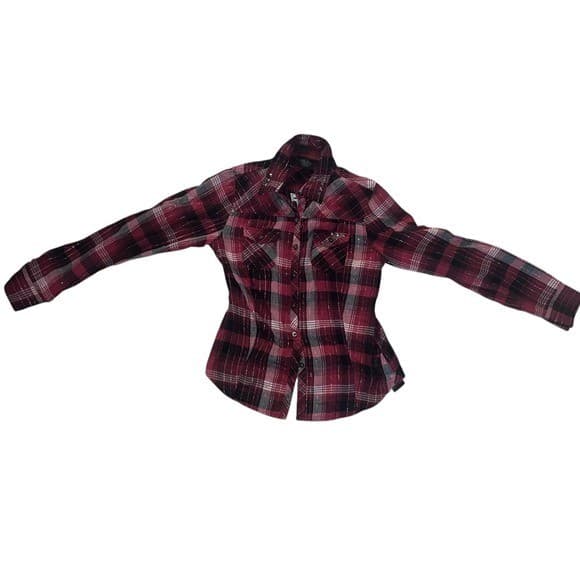 Harley-Davidson Red Black Plaid silver lines metal studs Sz s biker preppy