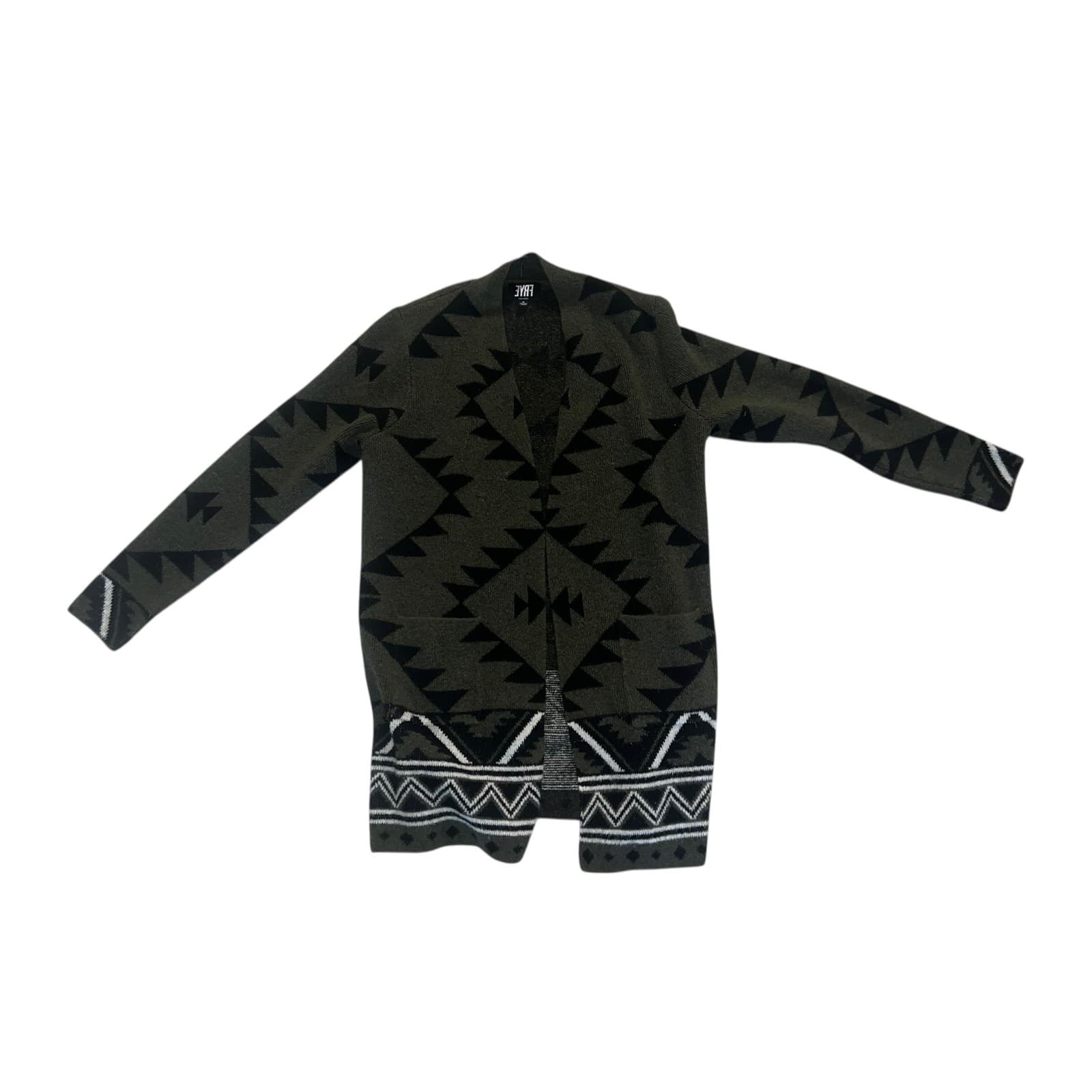 Frye Green Aztec V-Neck Open Cardigan Sweater Sz M Preppy