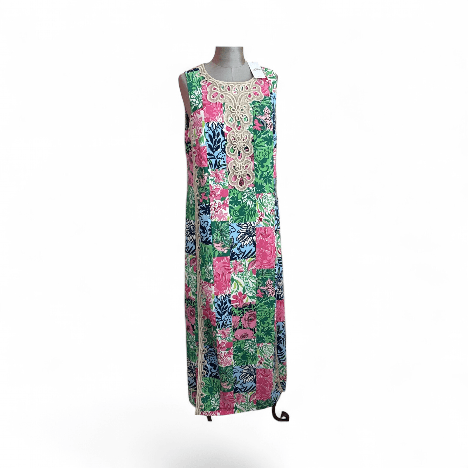 NWT Lilly Pulitzer Edita Maxi Shift Dress Party Punch Patch Gold Lace (Size 16)