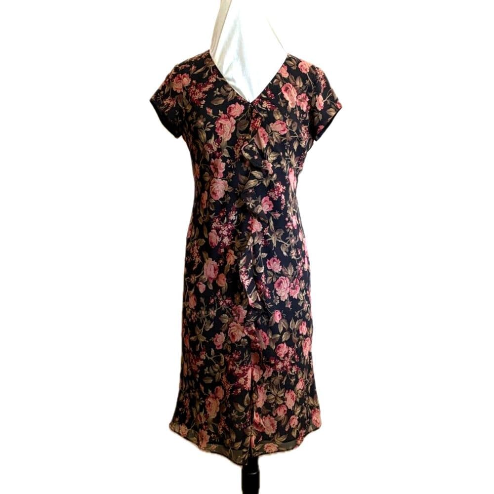 Rose Floral Pattern Dress Black Pink Romantic Ruffle US 8 Medium
