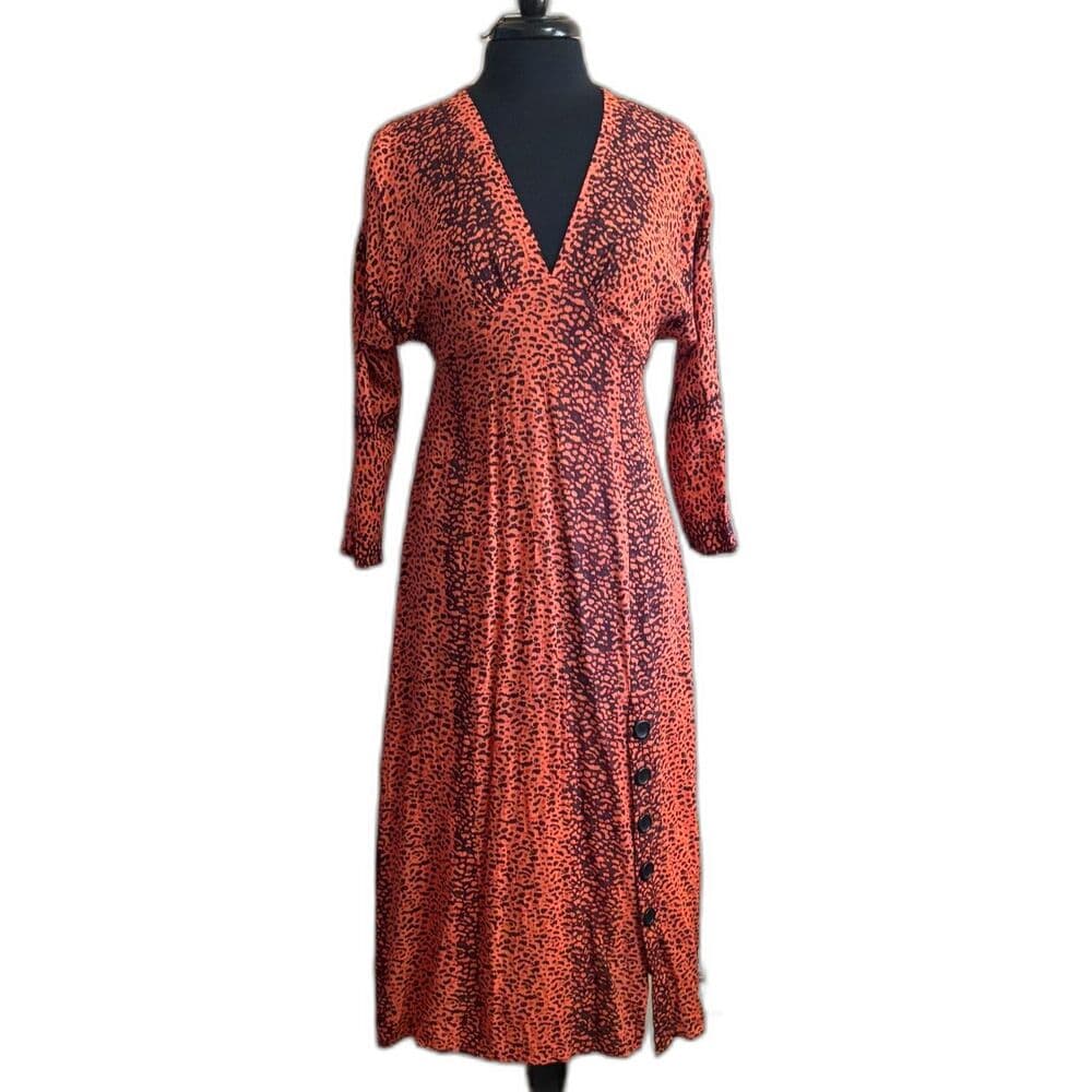 Angie Orange Animal Print Midi Dress Womens Small Boho V Neck Long Sleeve