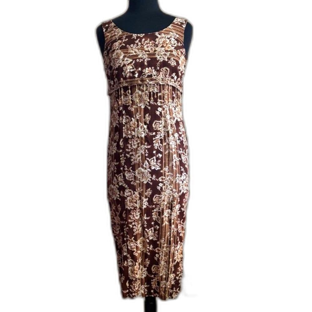 Sleeveless Brown Floral Midi Dress Beading Sheath 1990s Vtg Small 7/8