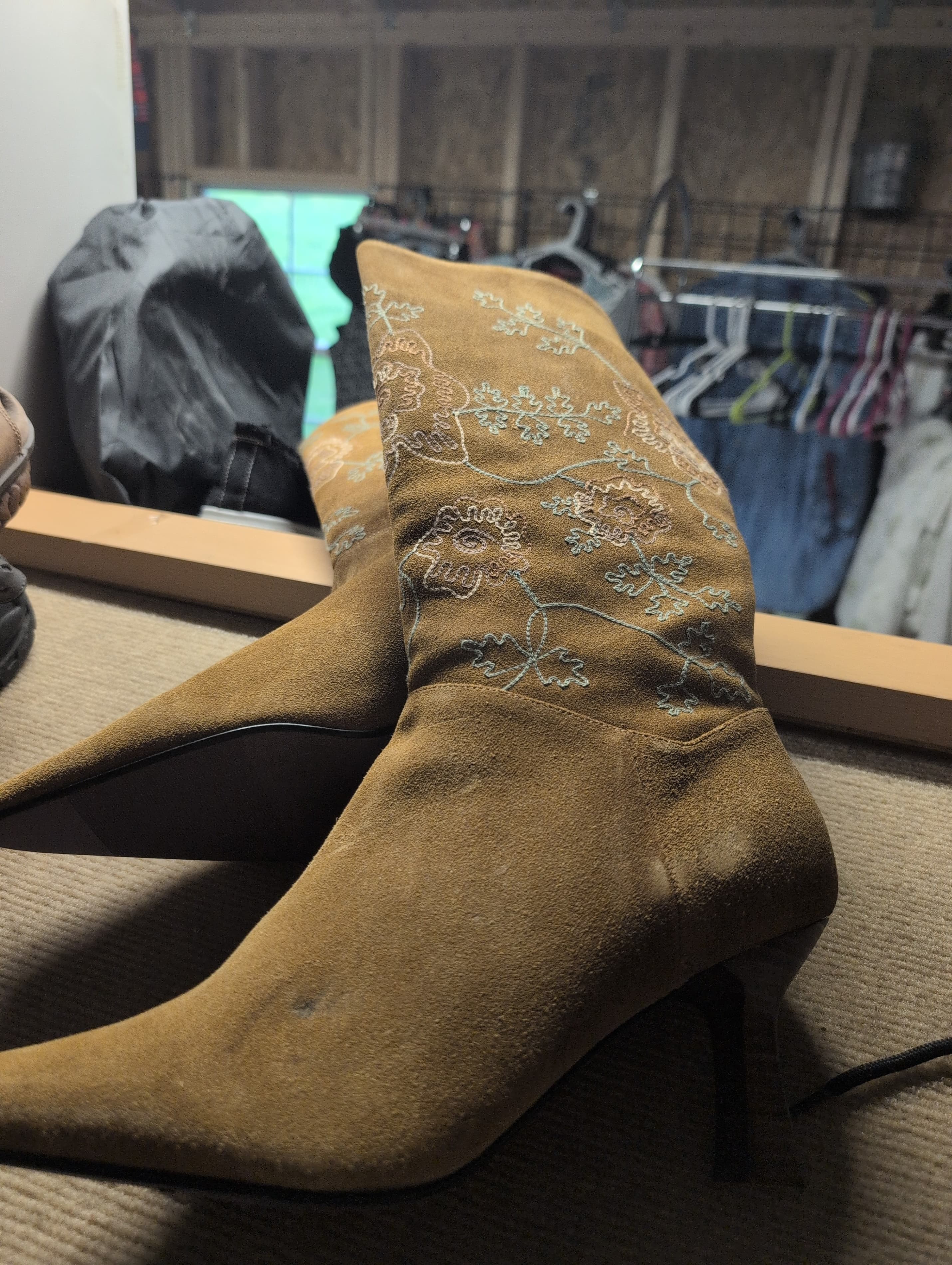 Embroidered Suede Pointed Toe Boots