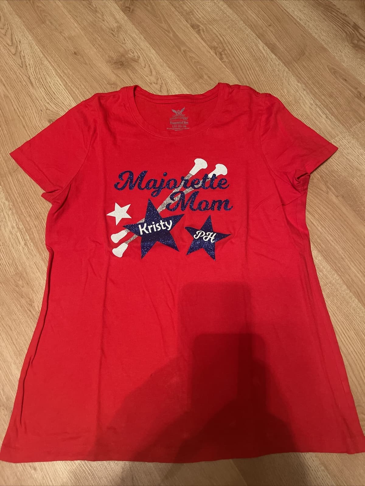 Majorette Mom Twirl Baton red glitter Tshirt Large