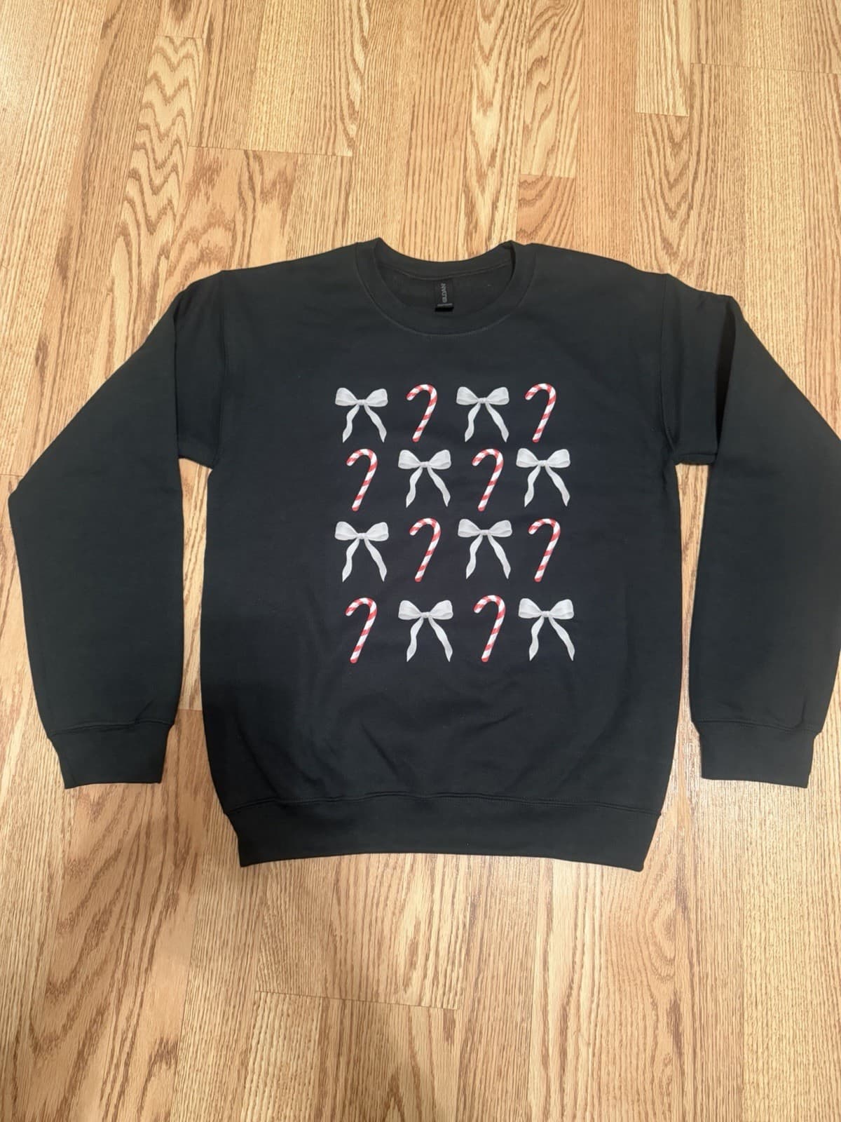 Christmas candy cane bow crew neck sweatshirt Gilden womens small dark green-NEW