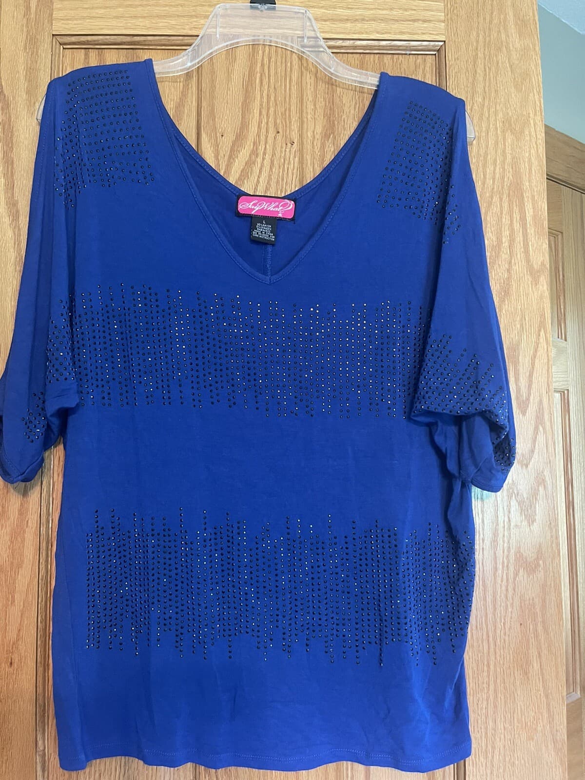 Say What Womens' Blue shirt top with black sparkle slit sleeve size L