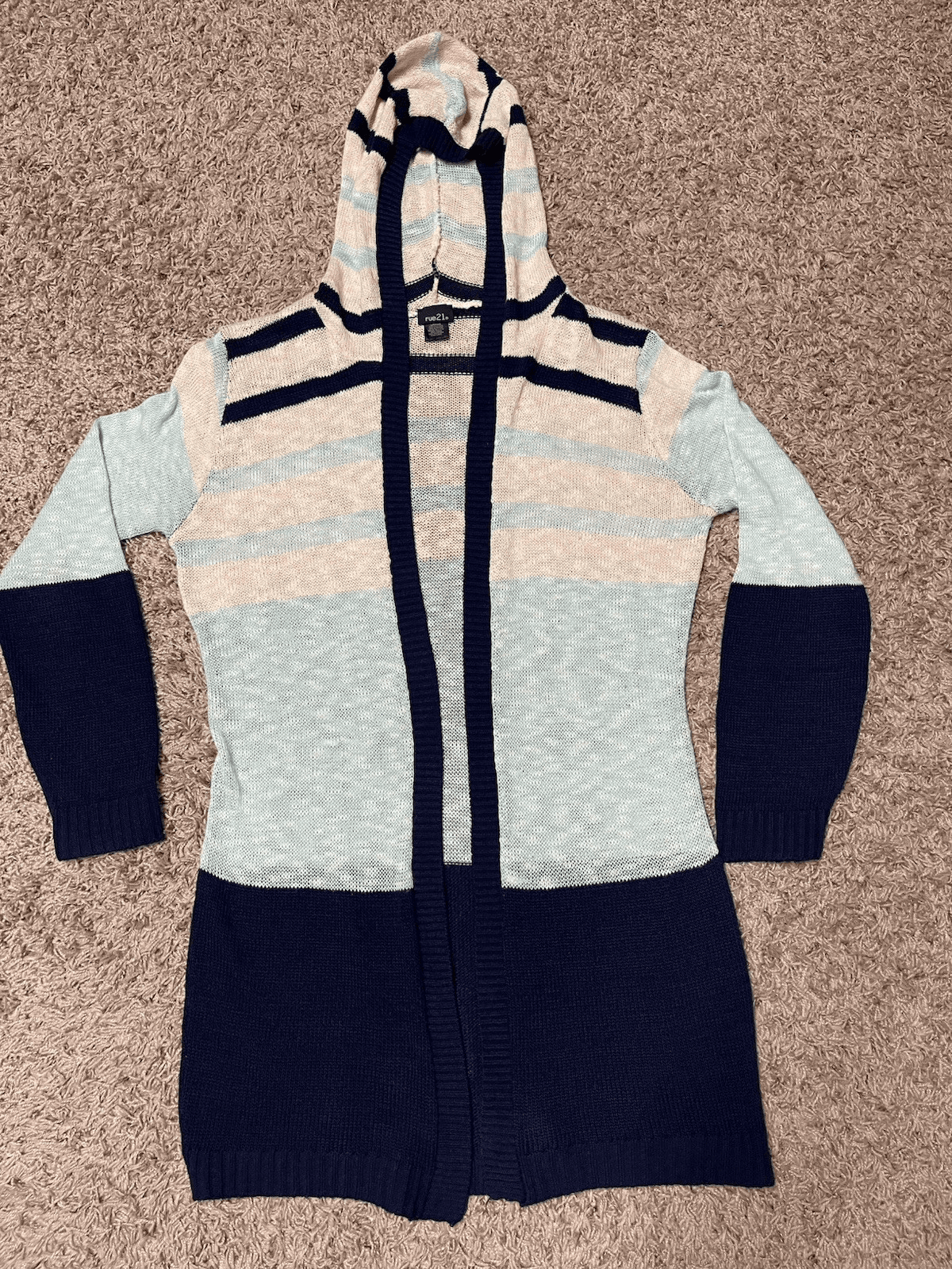 rue21 striped hooded long cardigan Ivory, navy, turquoise Large