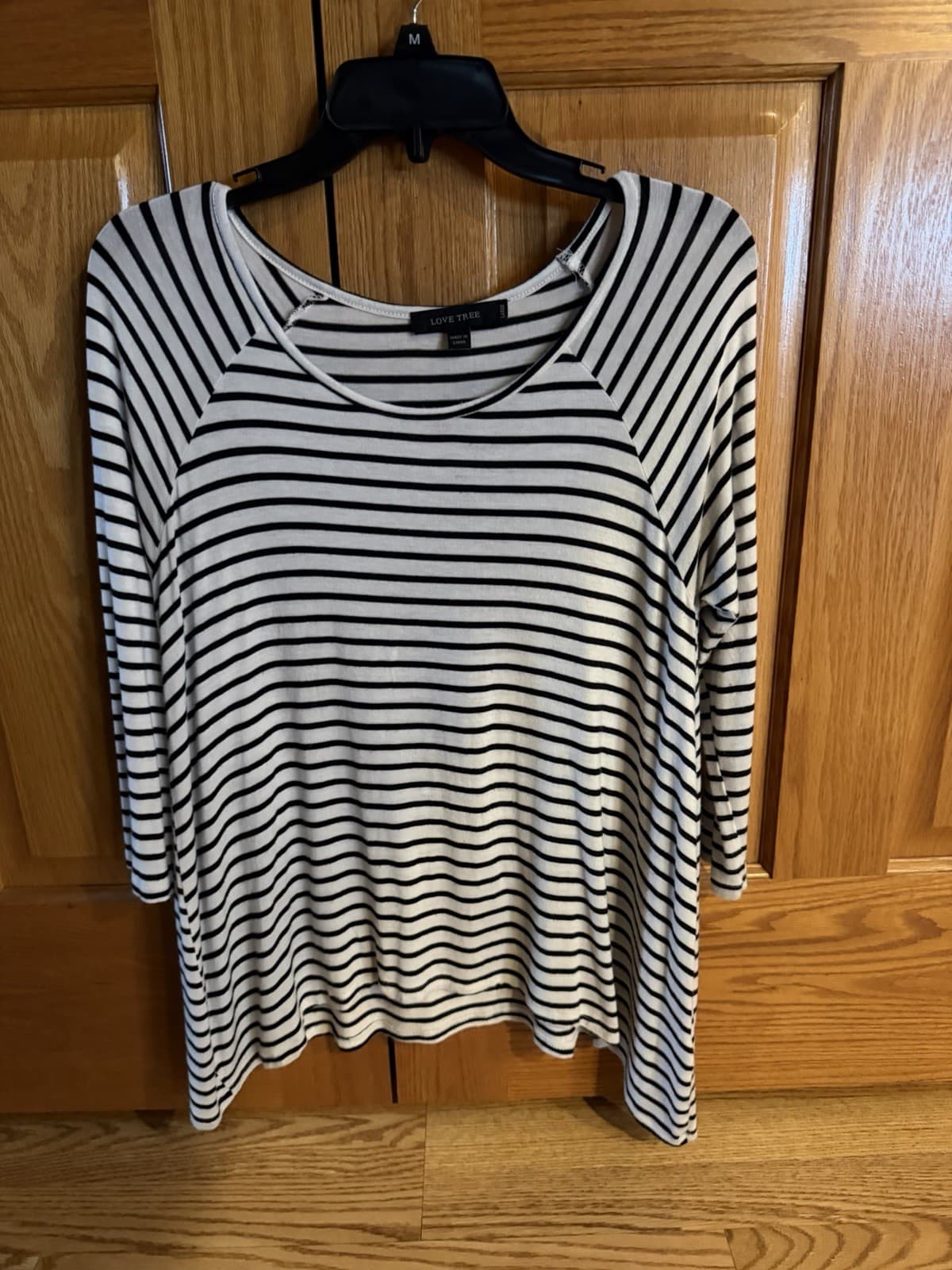Love Tree White Black striped tunic 3/4 sleeve top shirt Large