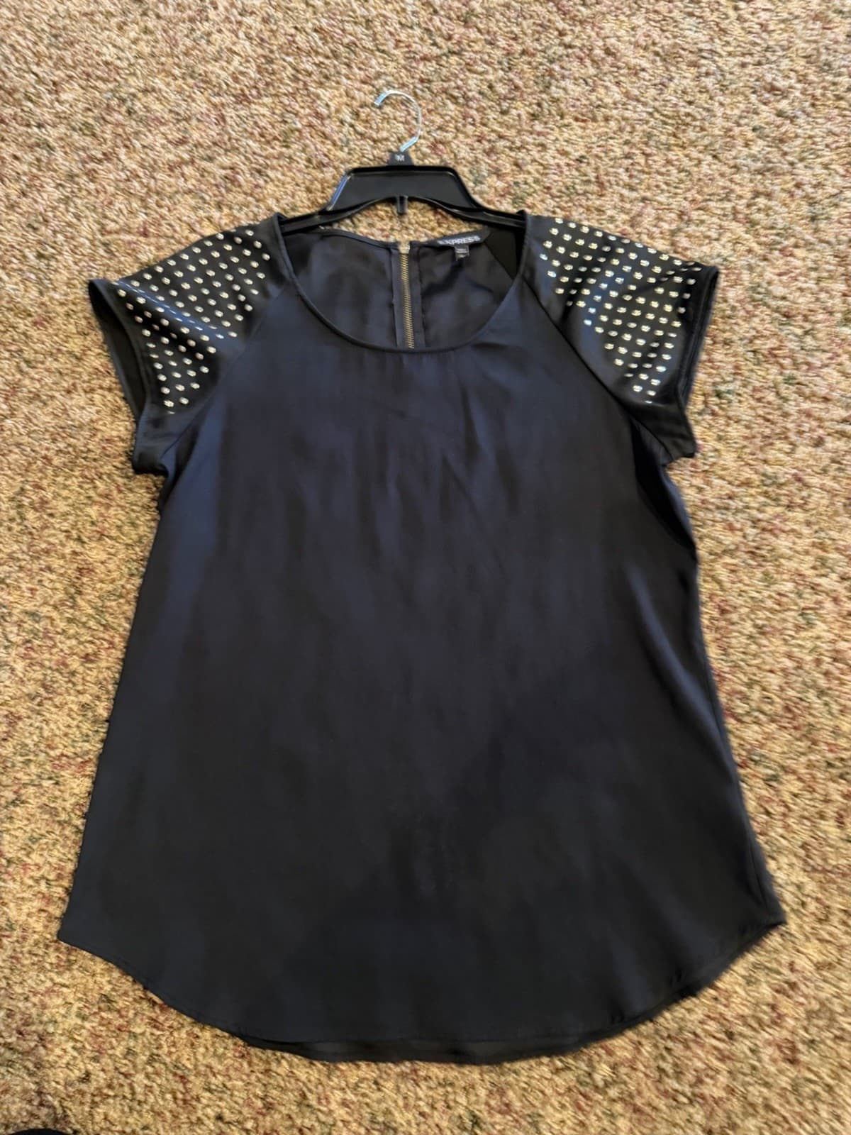 Express short sleeve back zip shiny gold stud accent shirt Large